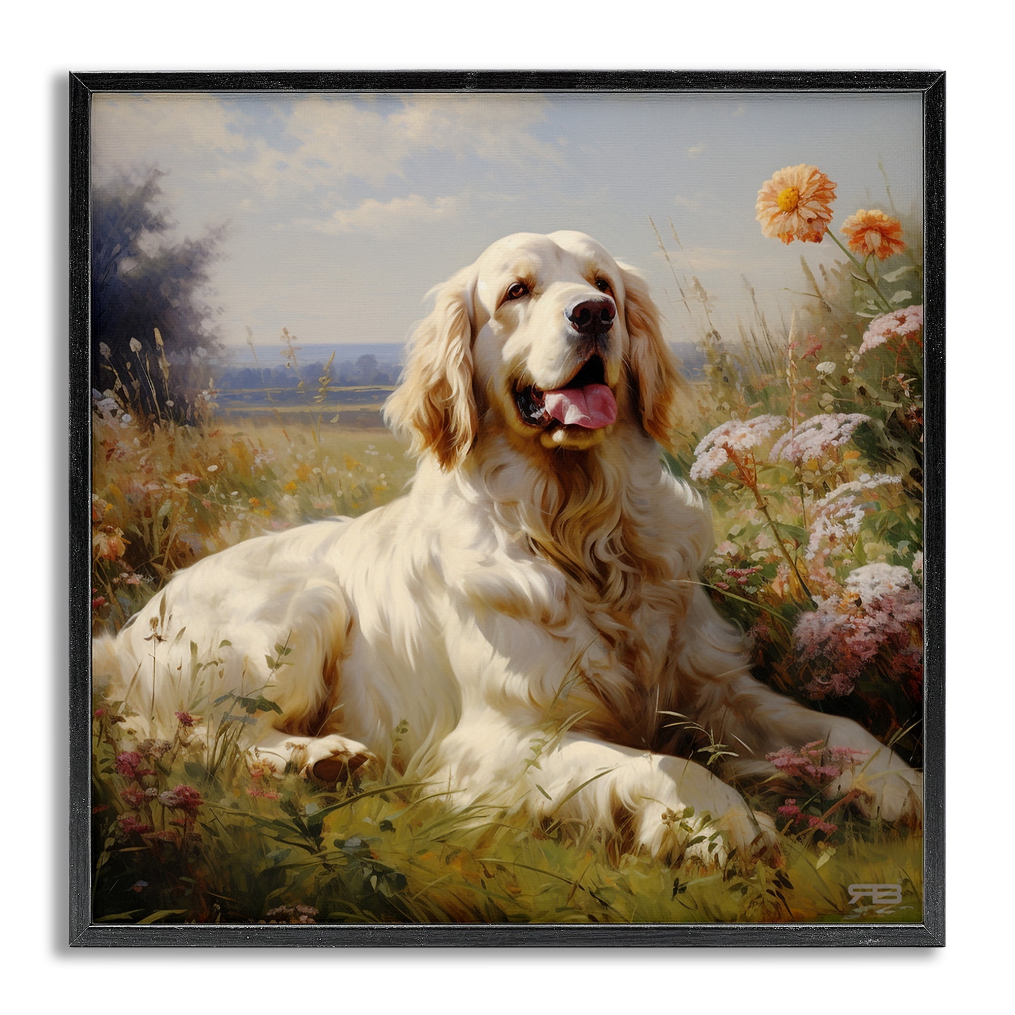 Stupell Industries Calm Golden Retriever Landscape Animals & Insects Painting Gray Framed Art Print Wall Art, 12 x 12