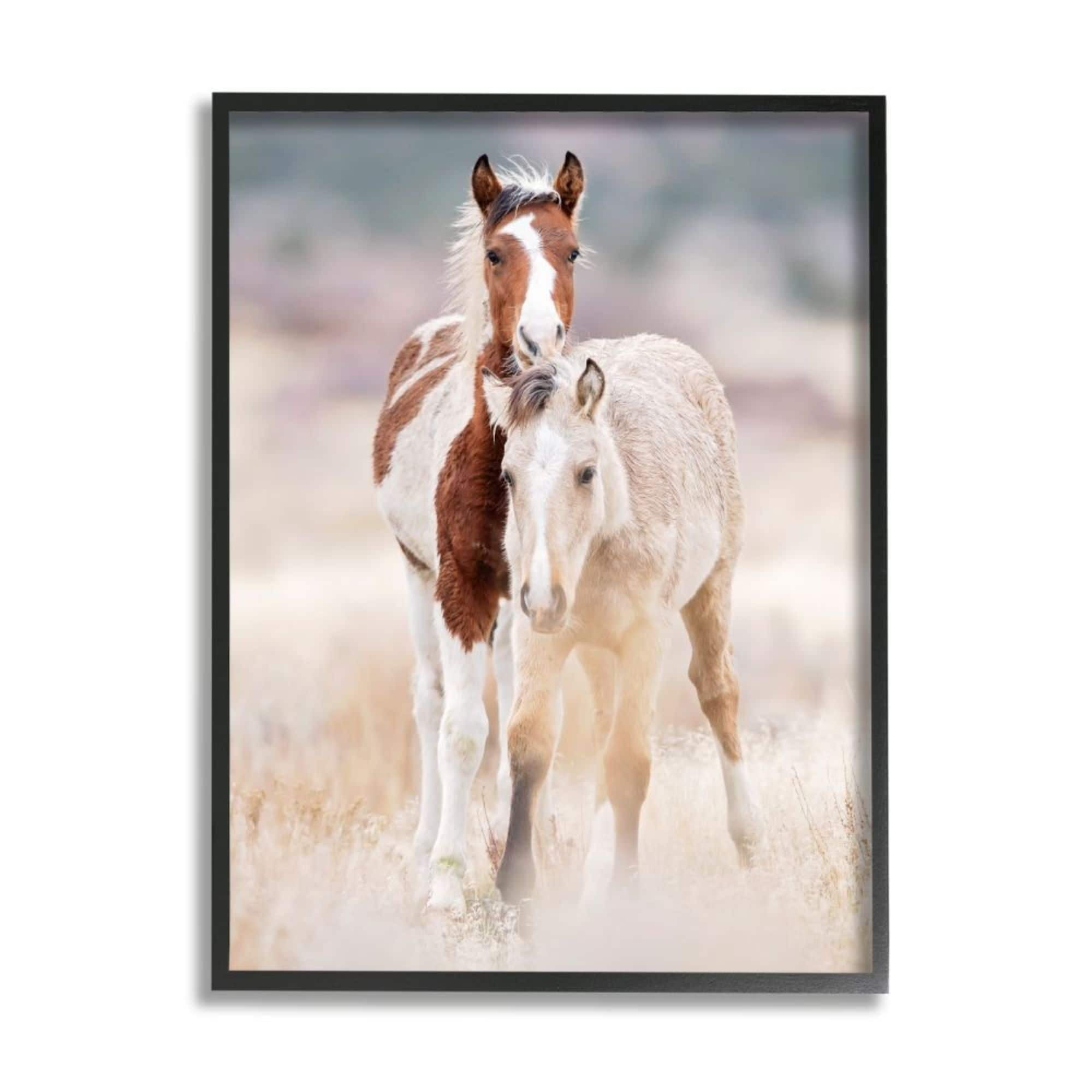 Calm Horses in Muted Beige Meadow Black Framed Canvas Print, 16 x 20