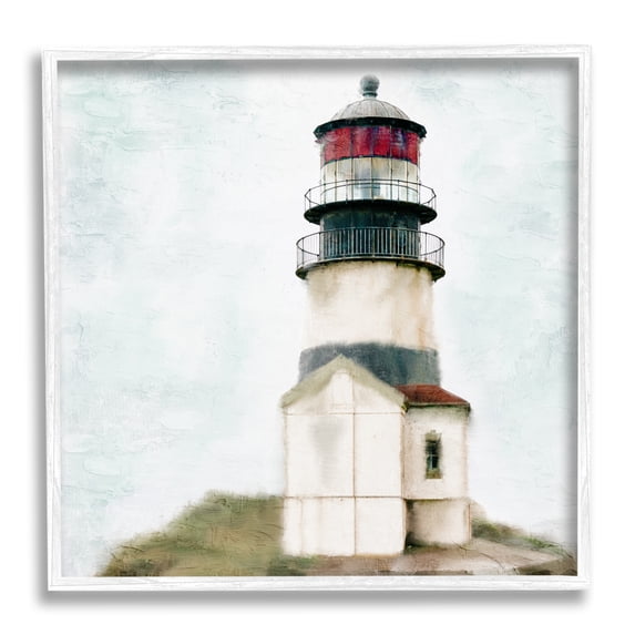 Stupell Industries Calm Lighthouse Clear Sky Ocean Beach Painting White Framed Art Print Wall Art, 17x17, by Kim Allen