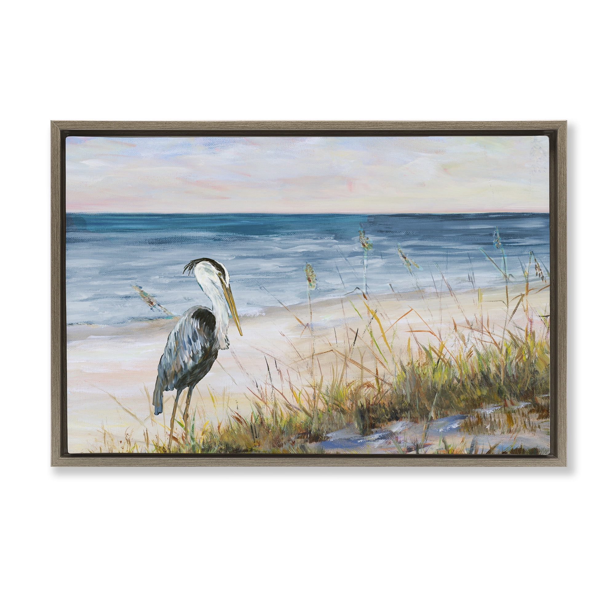 Stupell Industries Calm Pelican on Beach Landscape Painting Brown Floater Framed Canvas Art Print Wall Art, 31 x 21
