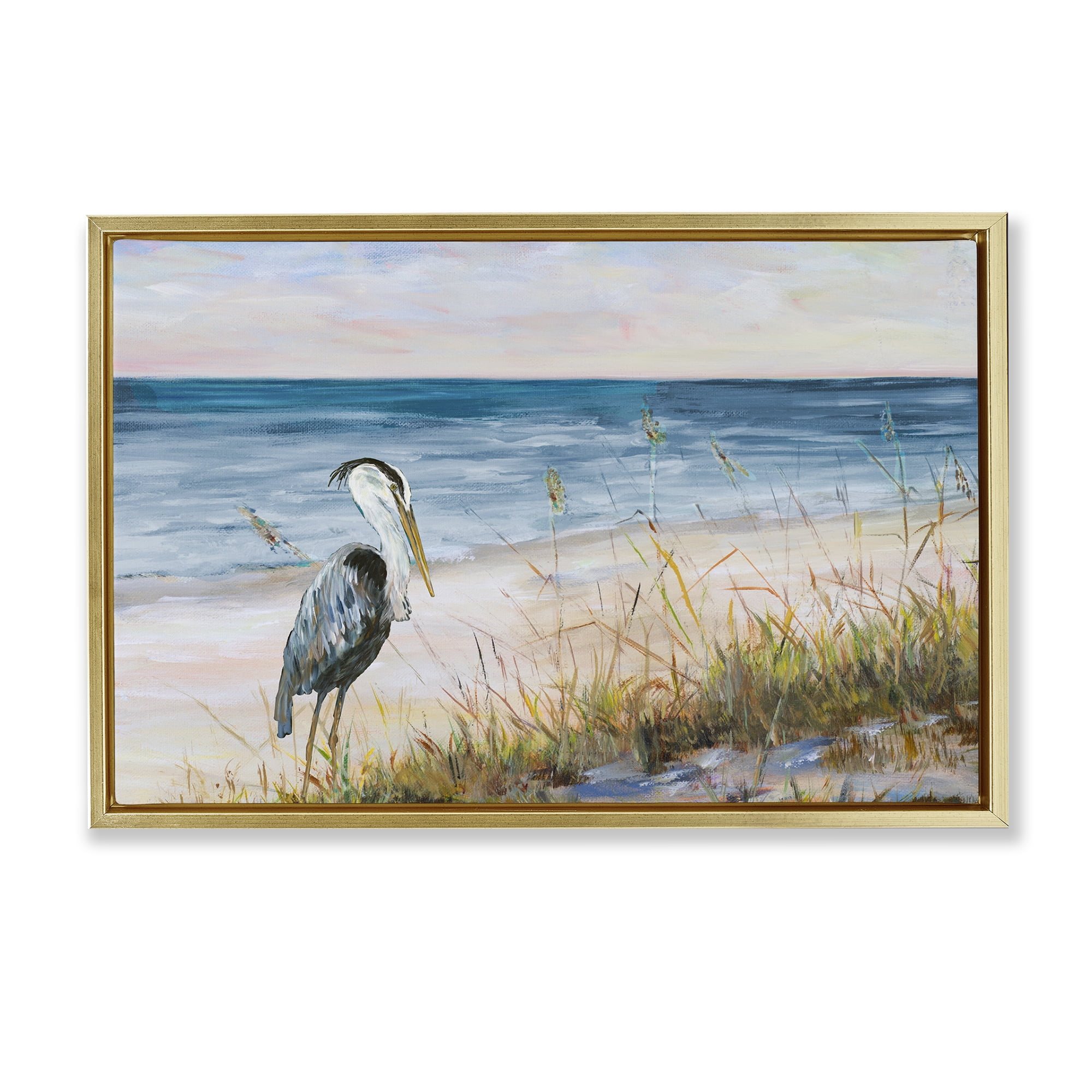 Stupell Industries Calm Pelican on Beach Landscape Painting Gold Floater Framed Canvas Art Print Wall Art, 31 x 21