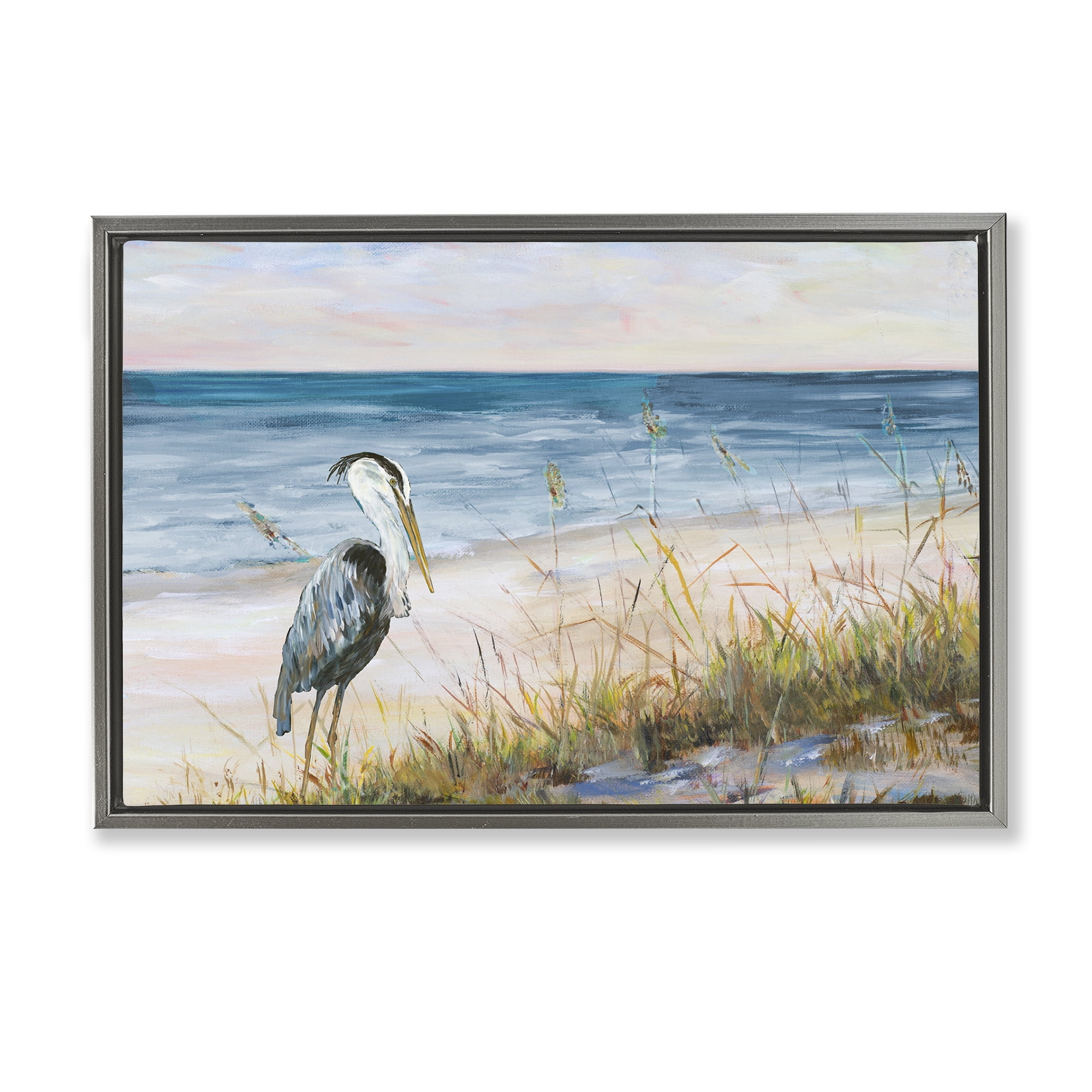 Stupell Industries Calm Pelican on Beach Landscape Painting Gray Floater Framed Canvas Art Print Wall Art, 25 x 17