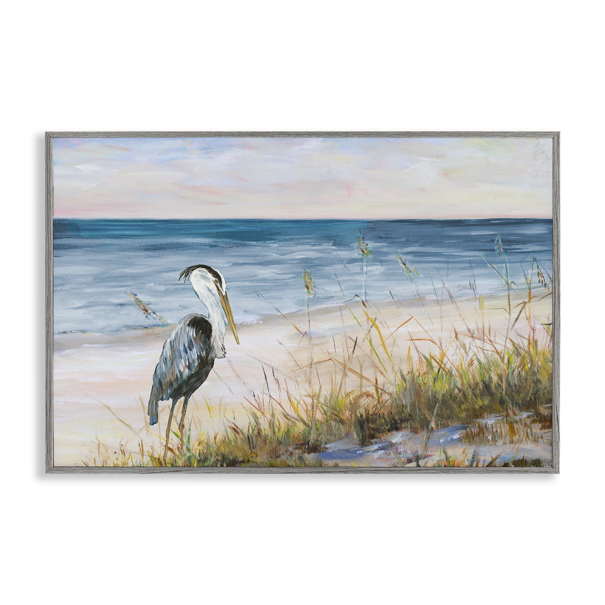 Stupell Industries Calm Pelican on Beach Landscape Painting Gray Framed Art Print Wall Art, 18 x 12