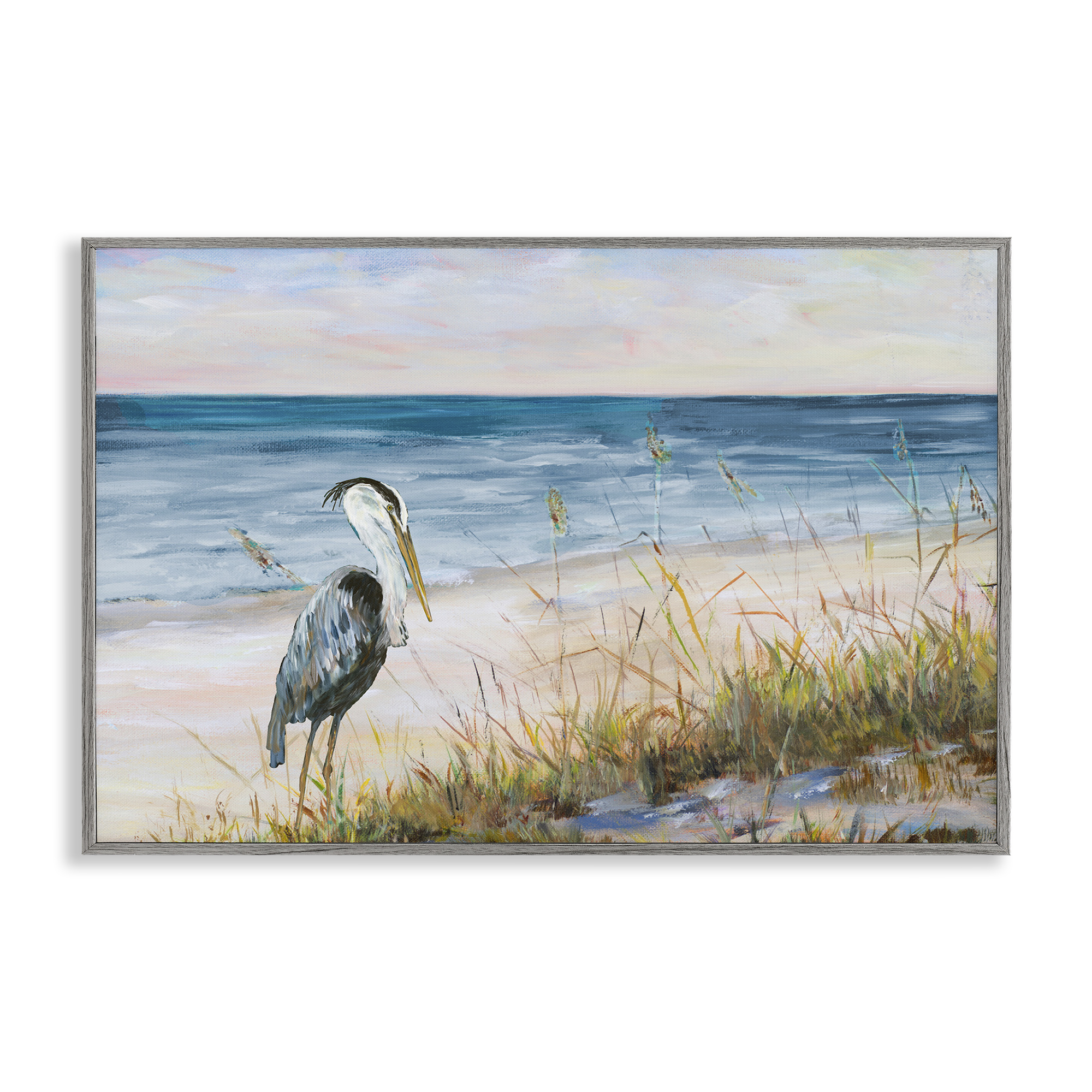 Stupell Industries Calm Pelican on Beach Landscape Painting Gray Framed Art Print Wall Art, 24 x 16