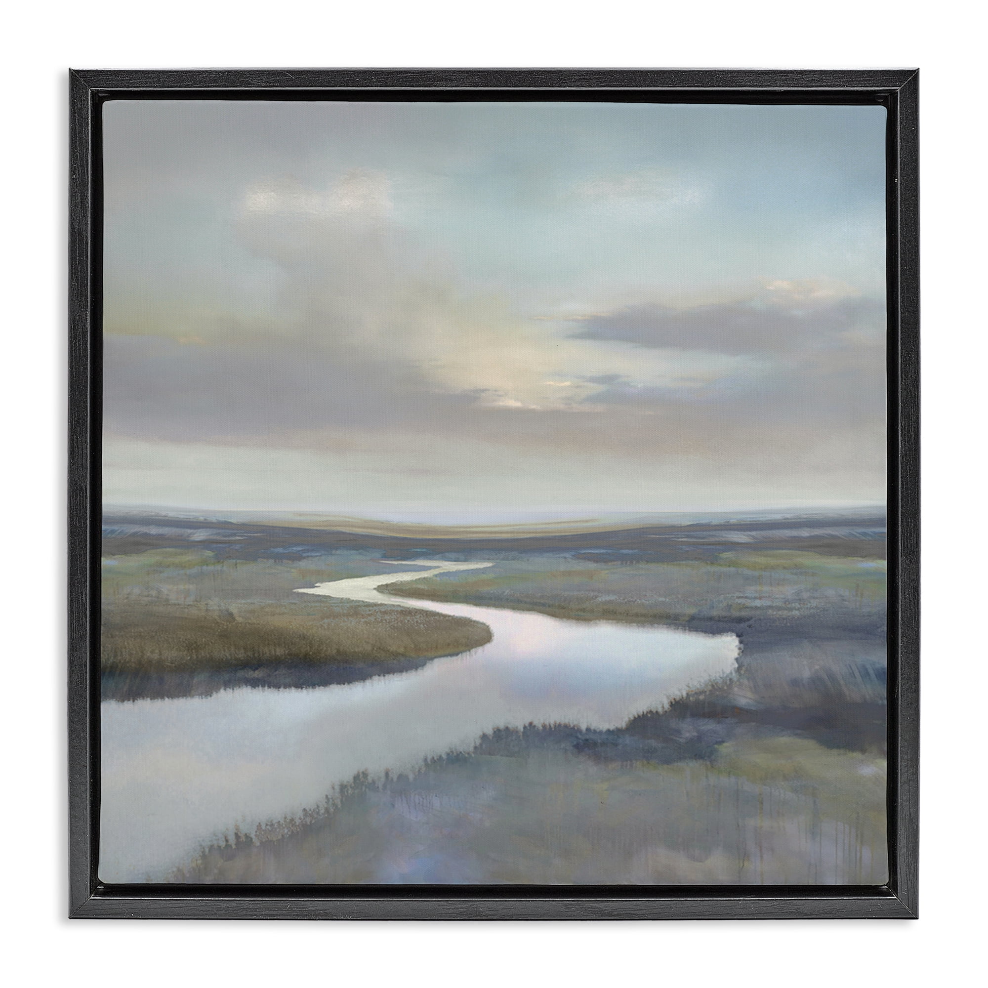 Stupell Industries Calm Riverbend in Greys Black Framed Floater Canvas Wall Art, design by Christy McKee