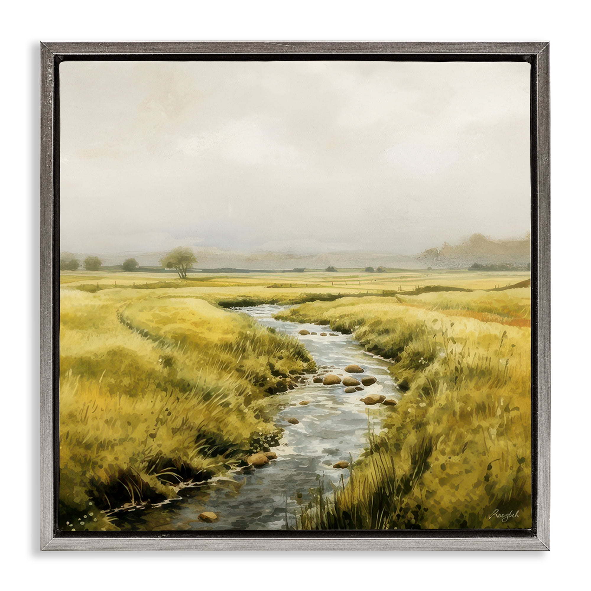 Stupell Industries Calming Horizon River Landscape & Nature Painting Gray Floater Framed Canvas Art Print Wall Art, 18 x 18
