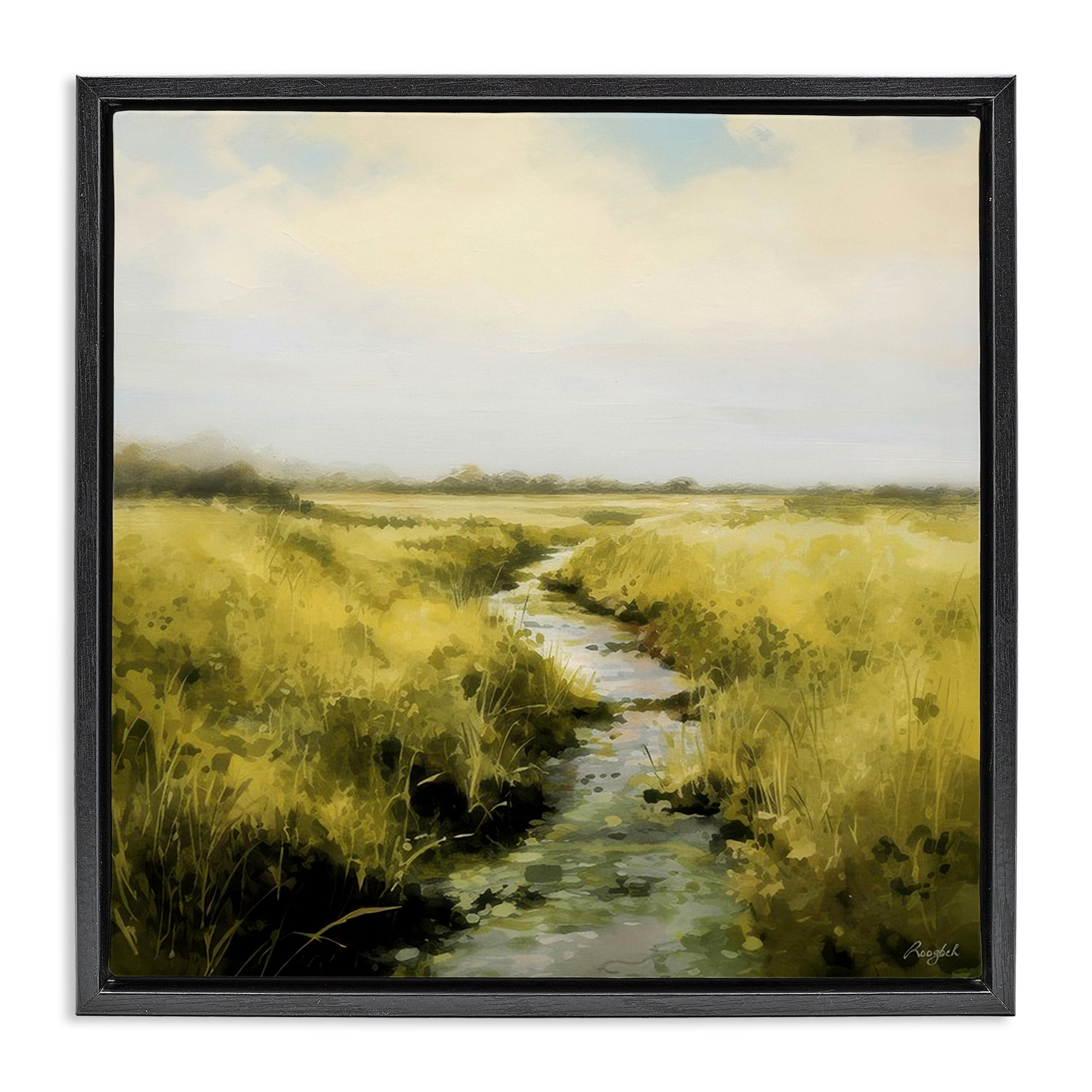 Stupell Industries Calming Horizon Stream Landscape & Nature Painting Black Floater Framed Canvas Art Print Wall Art, 25 x 25
