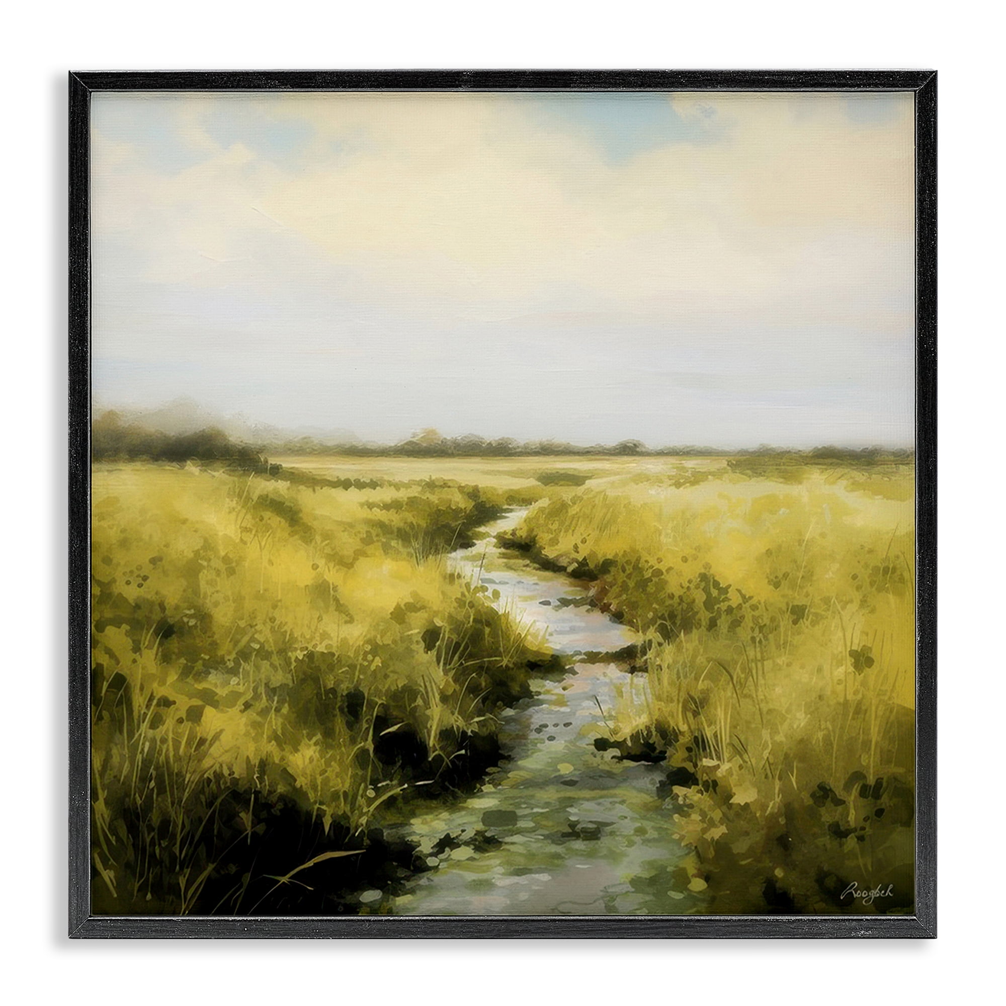 Stupell Industries Calming Horizon Stream Landscape & Nature Painting Black Framed Art Print Wall Art, 12 x 12