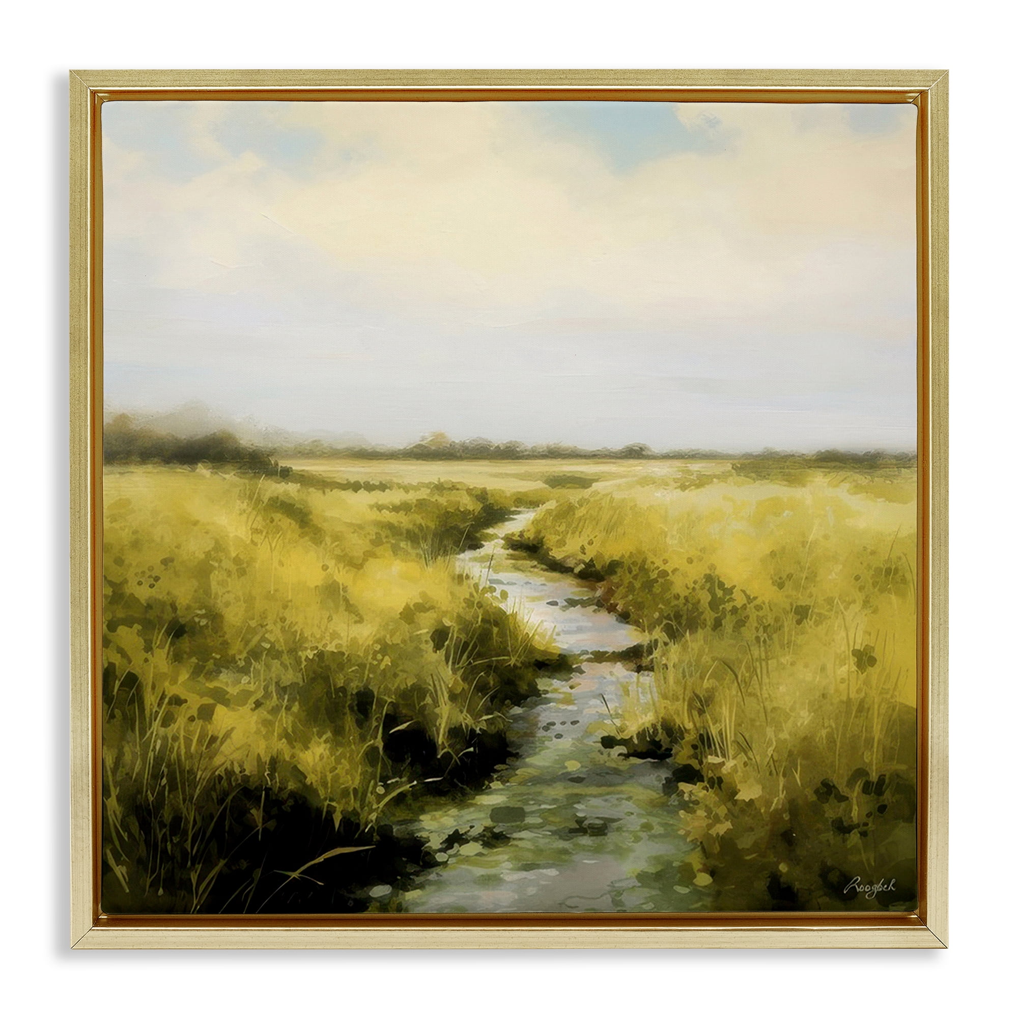 Stupell Industries Calming Horizon Stream Landscape & Nature Painting Gold Floater Framed Canvas Art Print Wall Art, 18 x 18
