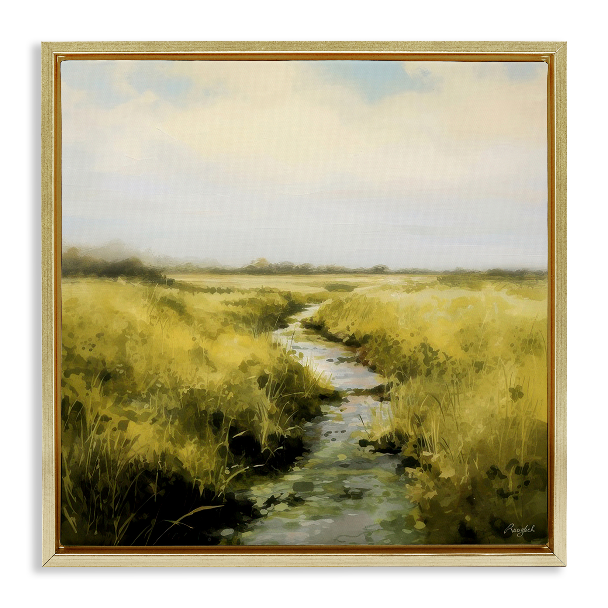 Stupell Industries Calming Horizon Stream Landscape & Nature Painting Gold Floater Framed Canvas Art Print Wall Art, 25 x 25