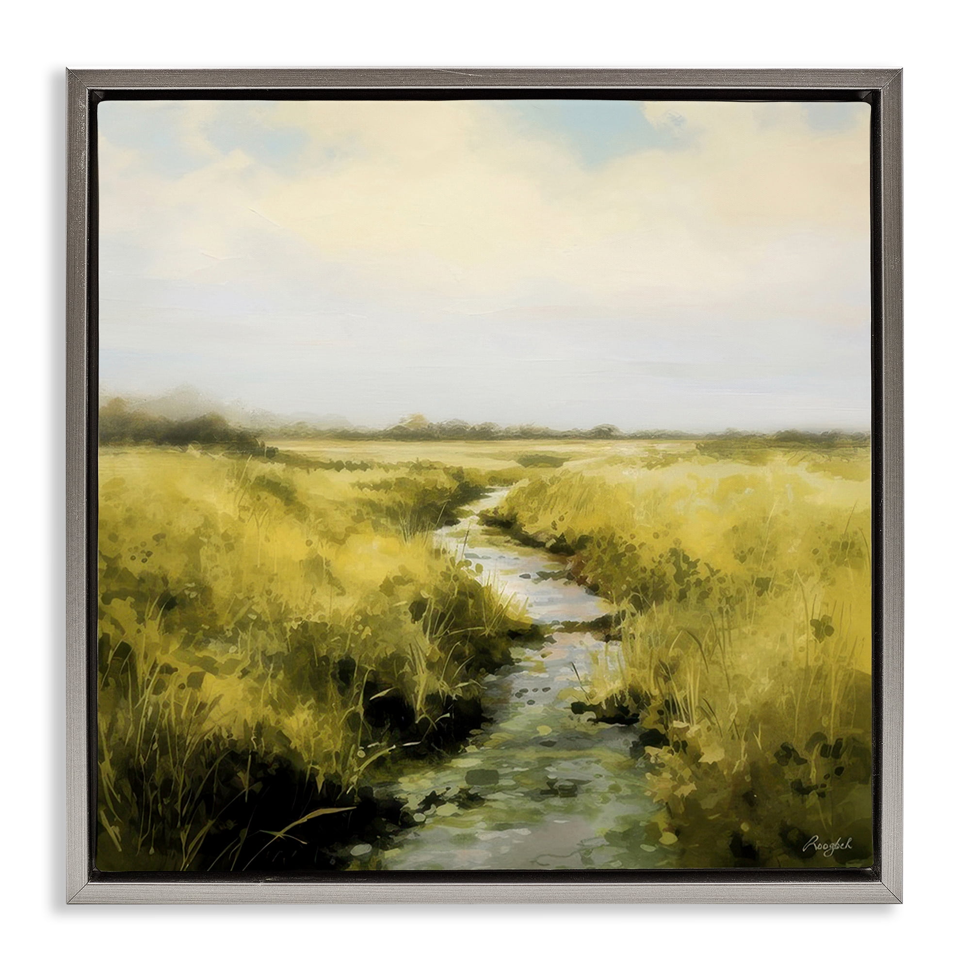 Stupell Industries Calming Horizon Stream Landscape & Nature Painting Gray Floater Framed Canvas Art Print Wall Art, 18 x 18