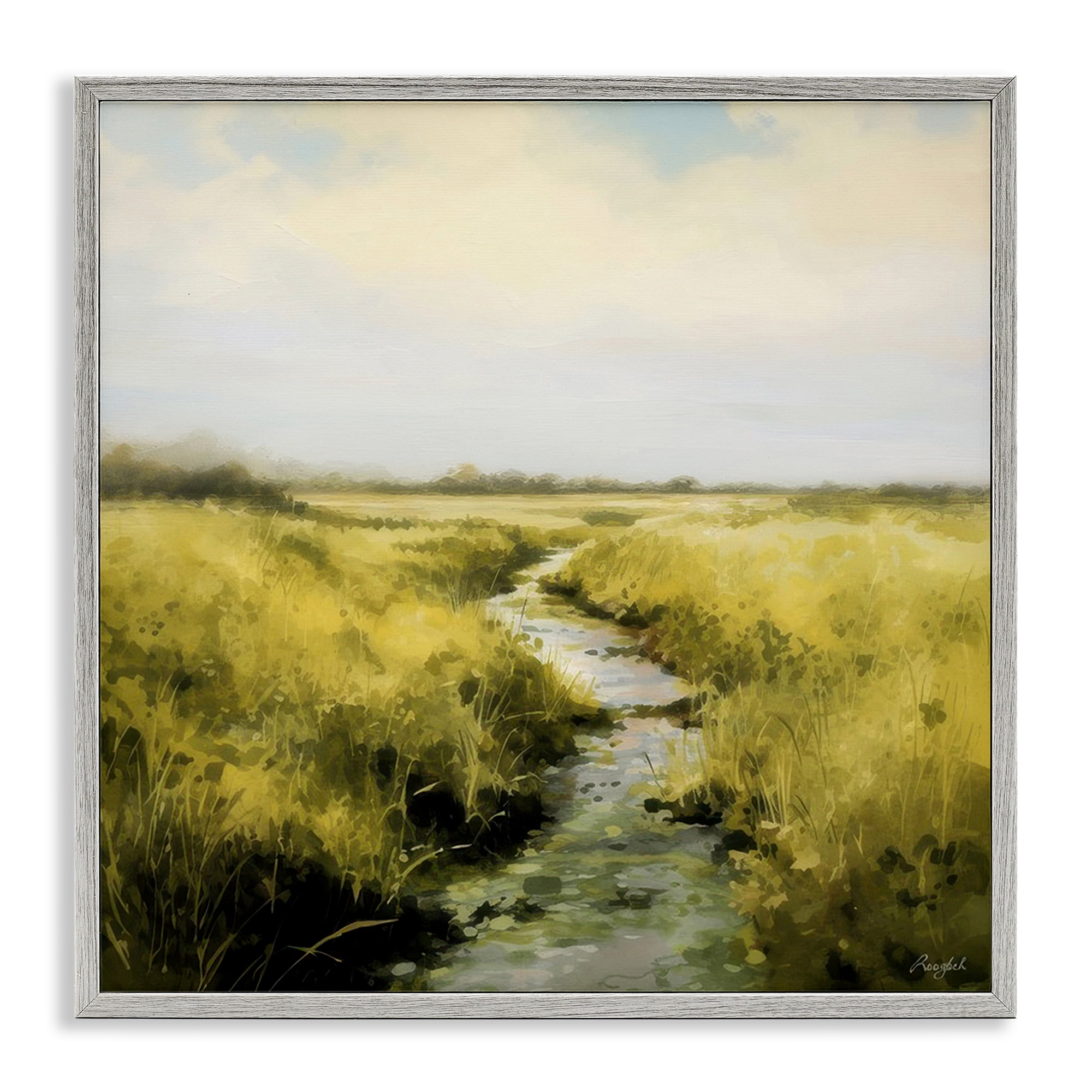 Stupell Industries Calming Horizon Stream Landscape & Nature Painting Gray Framed Art Print Wall Art, 12 x 12