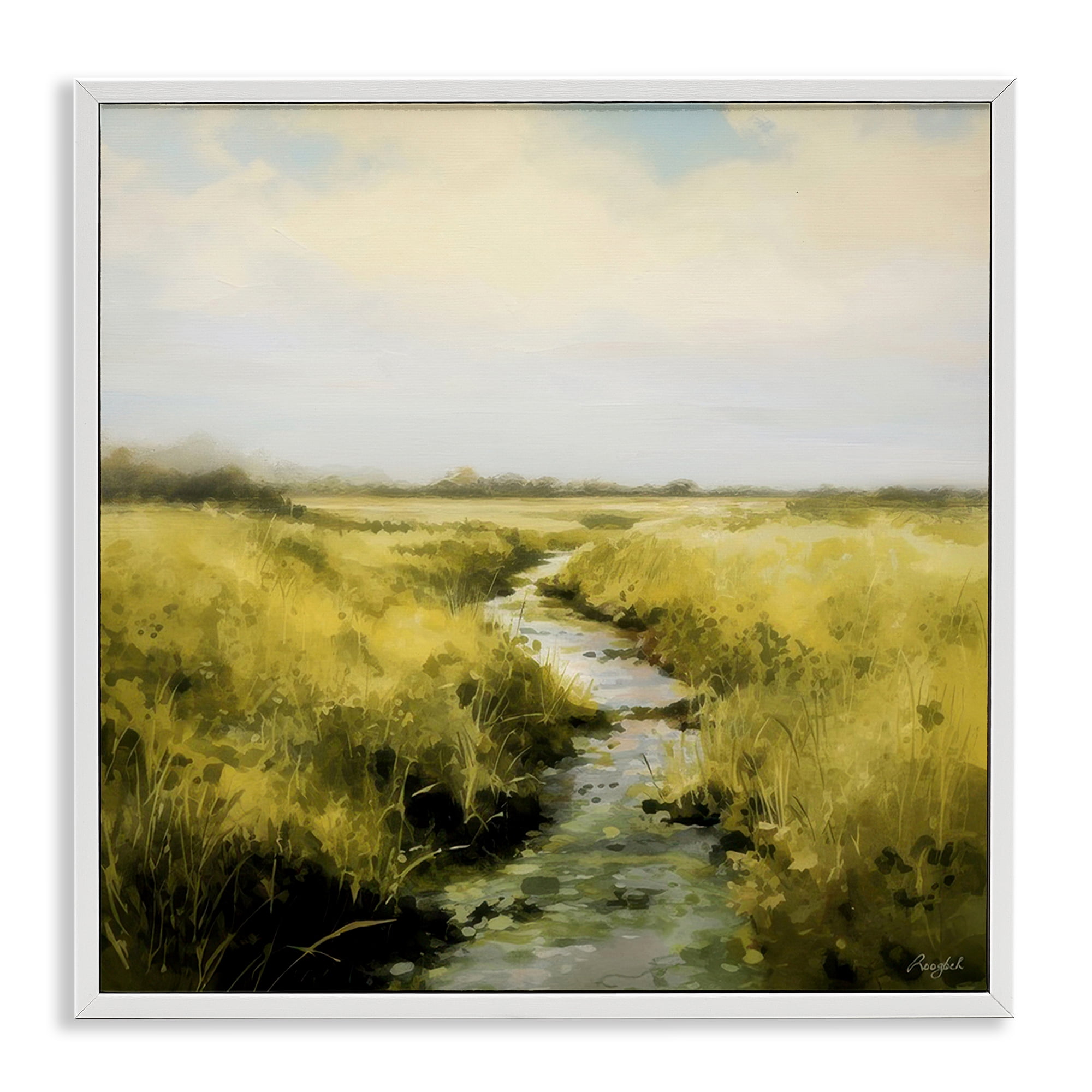 Stupell Industries Calming Horizon Stream Landscape & Nature Painting White Framed Art Print Wall Art, 12 x 12