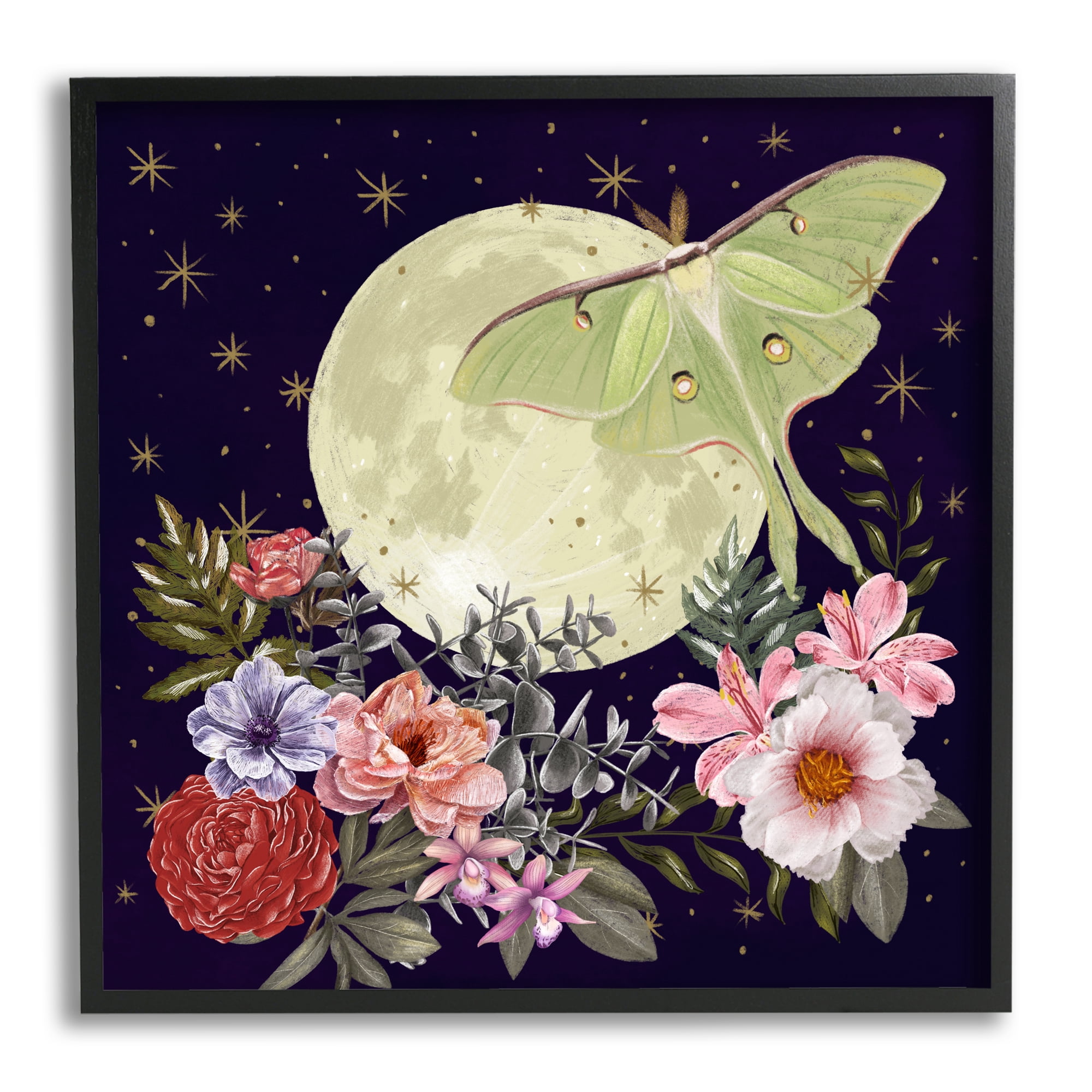 Stupell Industries Calming Nighttime Luna Moth Flying Moon Flowers Graphic Art Black Framed Art Print Wall Art, Design by Raquel Maciel