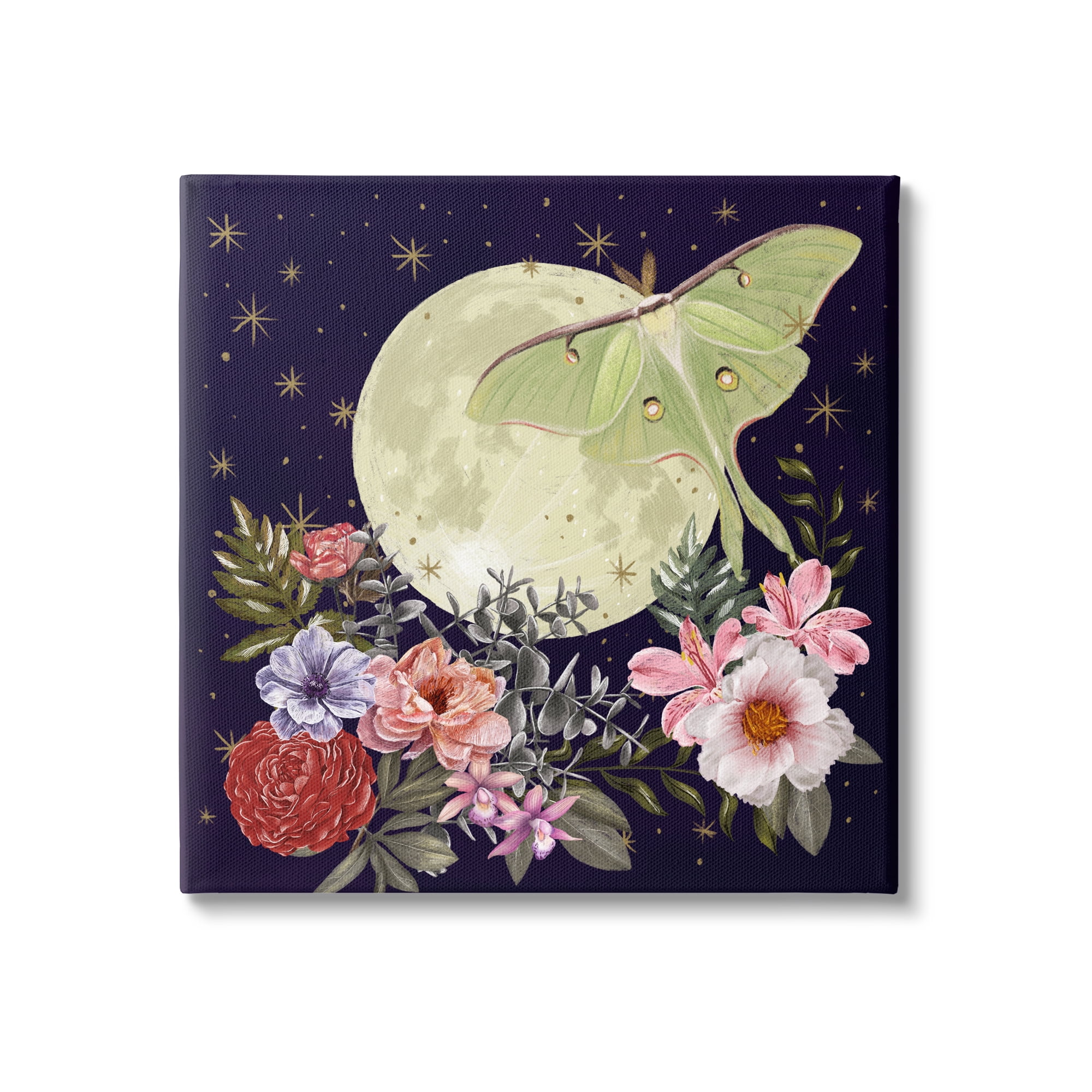Stupell Industries Calming Nighttime Luna Moth Flying Moon Flowers Graphic Art Gallery Wrapped Canvas Print Wall Art, Design by Raquel Maciel