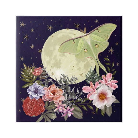 Stupell Industries Calming Nighttime Luna Moth Flying Moon Flowers Graphic Art Gallery Wrapped Canvas Print Wall Art, Design by Raquel Maciel