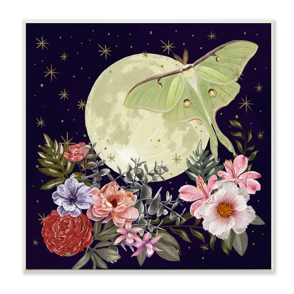 Stupell Industries Calming Nighttime Luna Moth Flying Moon Flowers Graphic Art Unframed Art Print Wall Art, Design by Raquel Maciel
