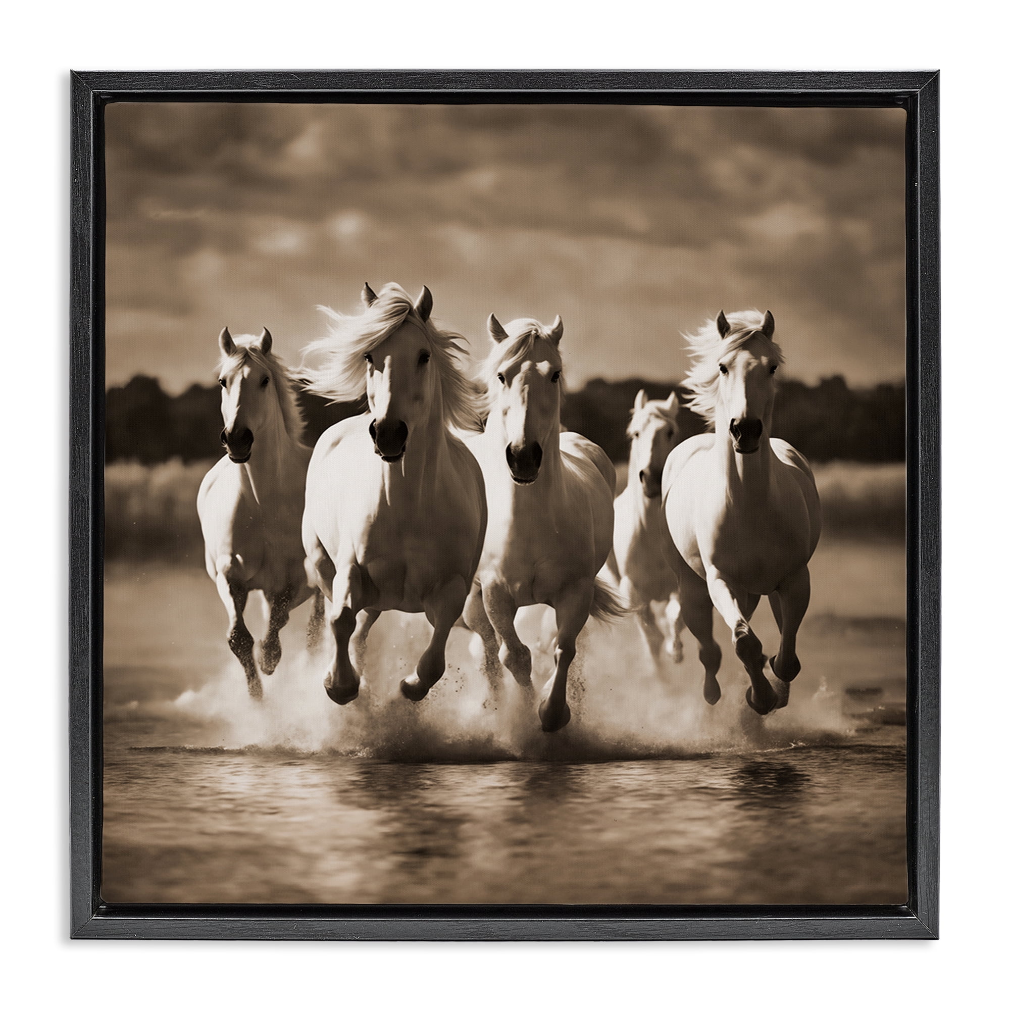 Stupell Industries Camargue Stallions Trotting Animals Painting Black Floater Framed Canvas Art Print Wall Art, 25 x 25