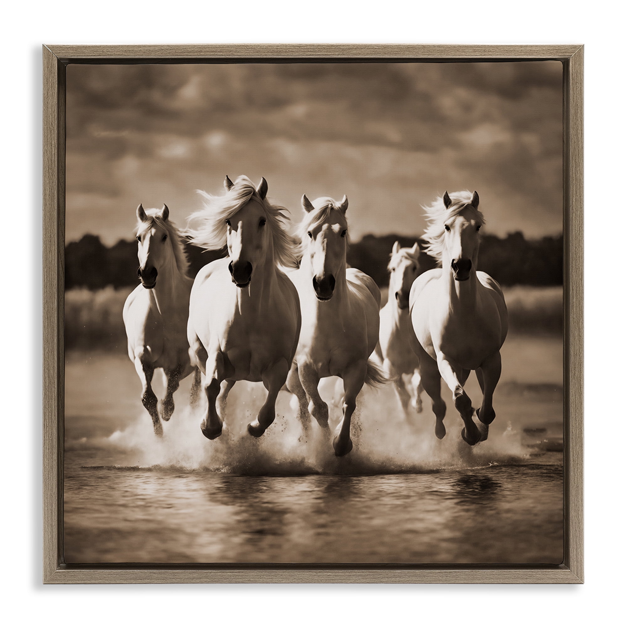Stupell Industries Camargue Stallions Trotting Animals Painting Brown Floater Framed Canvas Art Print Wall Art, 18 x 18
