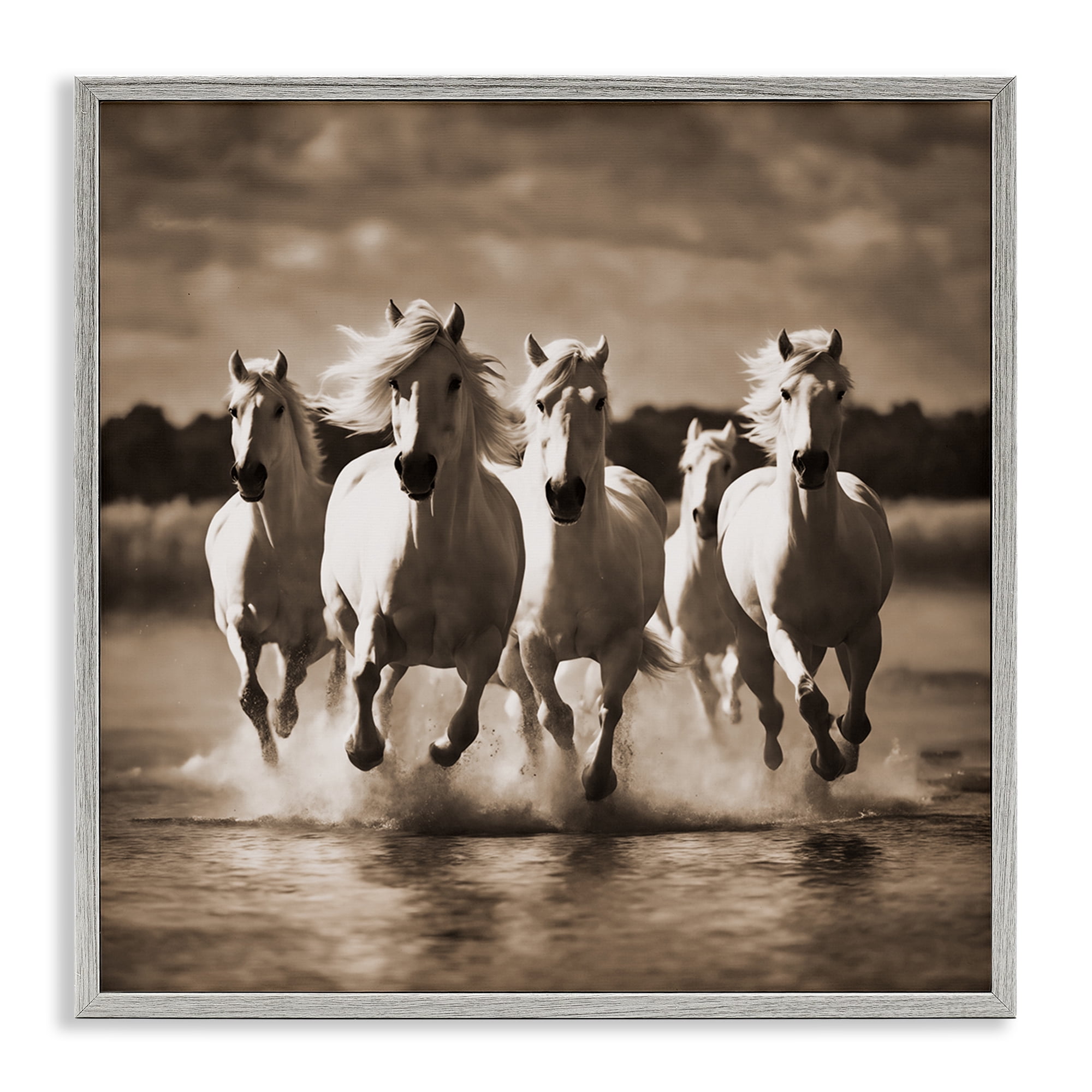 Stupell Industries Camargue Stallions Trotting Animals Painting Gray Framed Art Print Wall Art, 17 x 17
