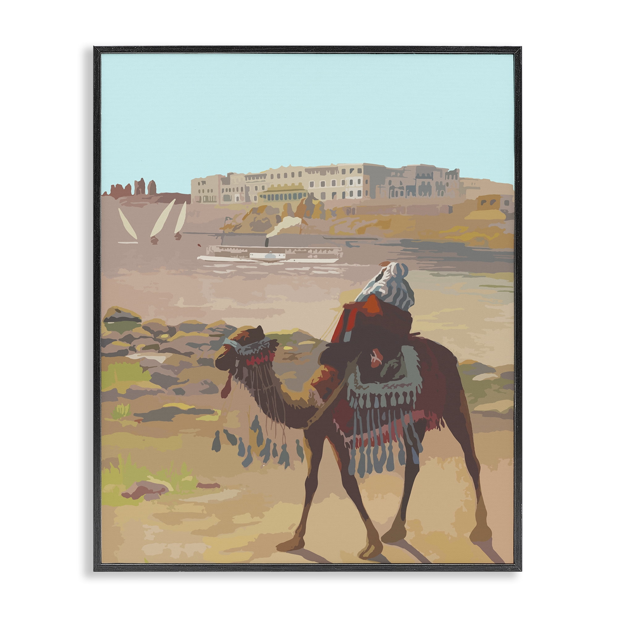 Stupell Industries Camel in Desert Town Landscape Painting Black Framed Art Print Wall Art, 16 x 20