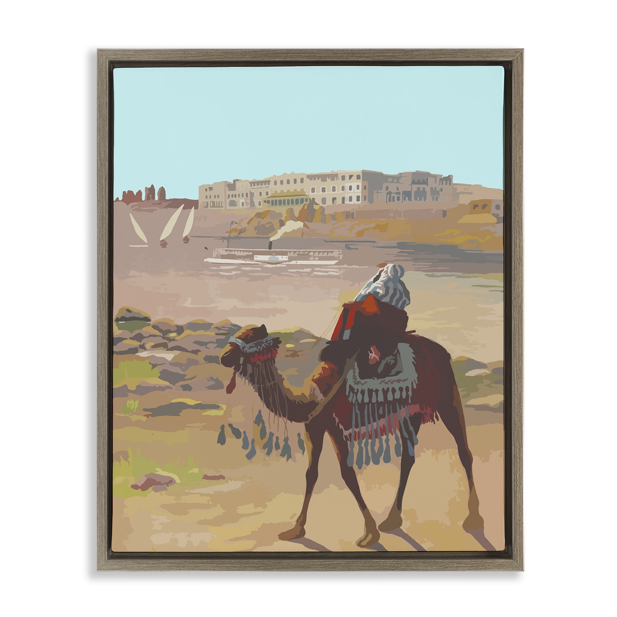 Stupell Industries Camel in Desert Town Landscape Painting Brown Floater Framed Art Print Wall Art, 17 x 21