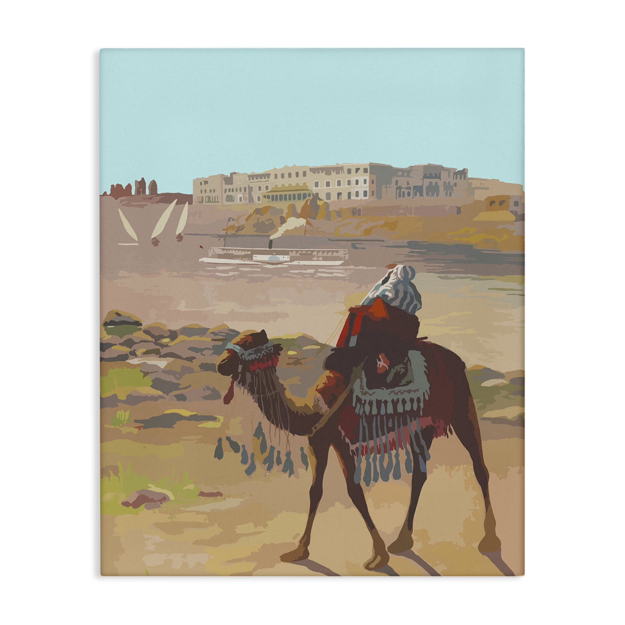 Stupell Industries Camel in Desert Town Landscape Painting Gallery Wrapped Canvas Art Print Wall Art, 16 x 20