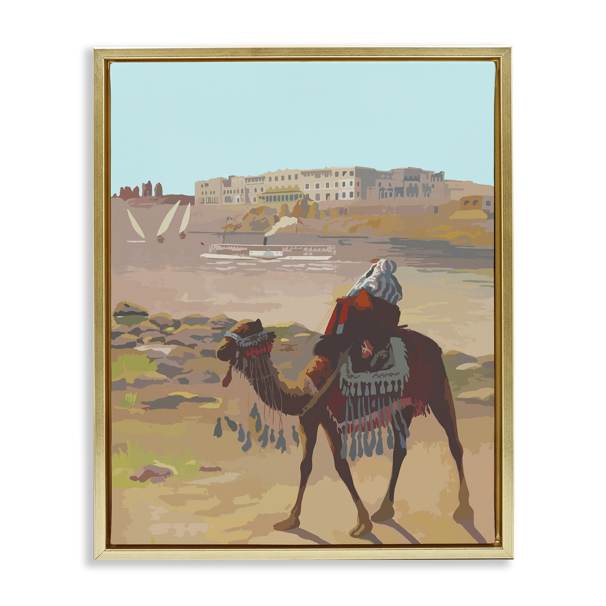 Stupell Industries Camel in Desert Town Landscape Painting Gold Floater Framed Art Print Wall Art, 17 x 21