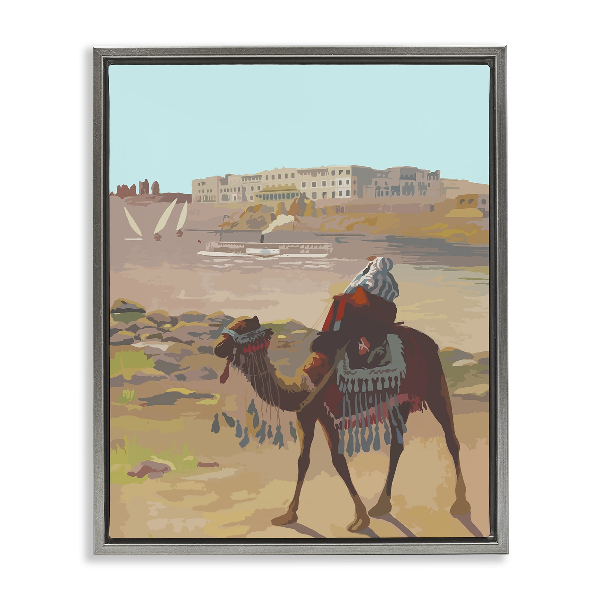 Stupell Industries Camel in Desert Town Landscape Painting Gray Floater Framed Art Print Wall Art, 25 x 31