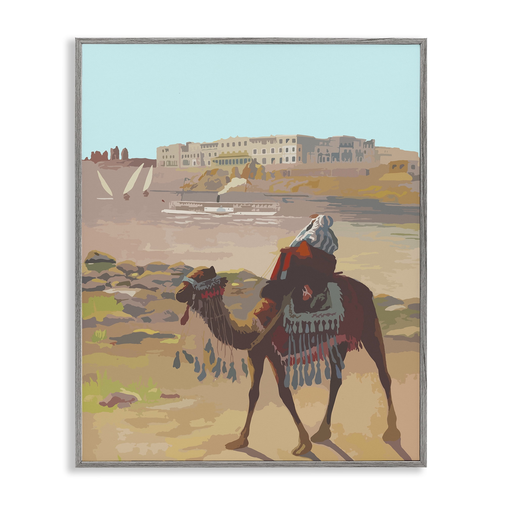 Stupell Industries Camel in Desert Town Landscape Painting Gray Framed Art Print Wall Art, 24 x 30