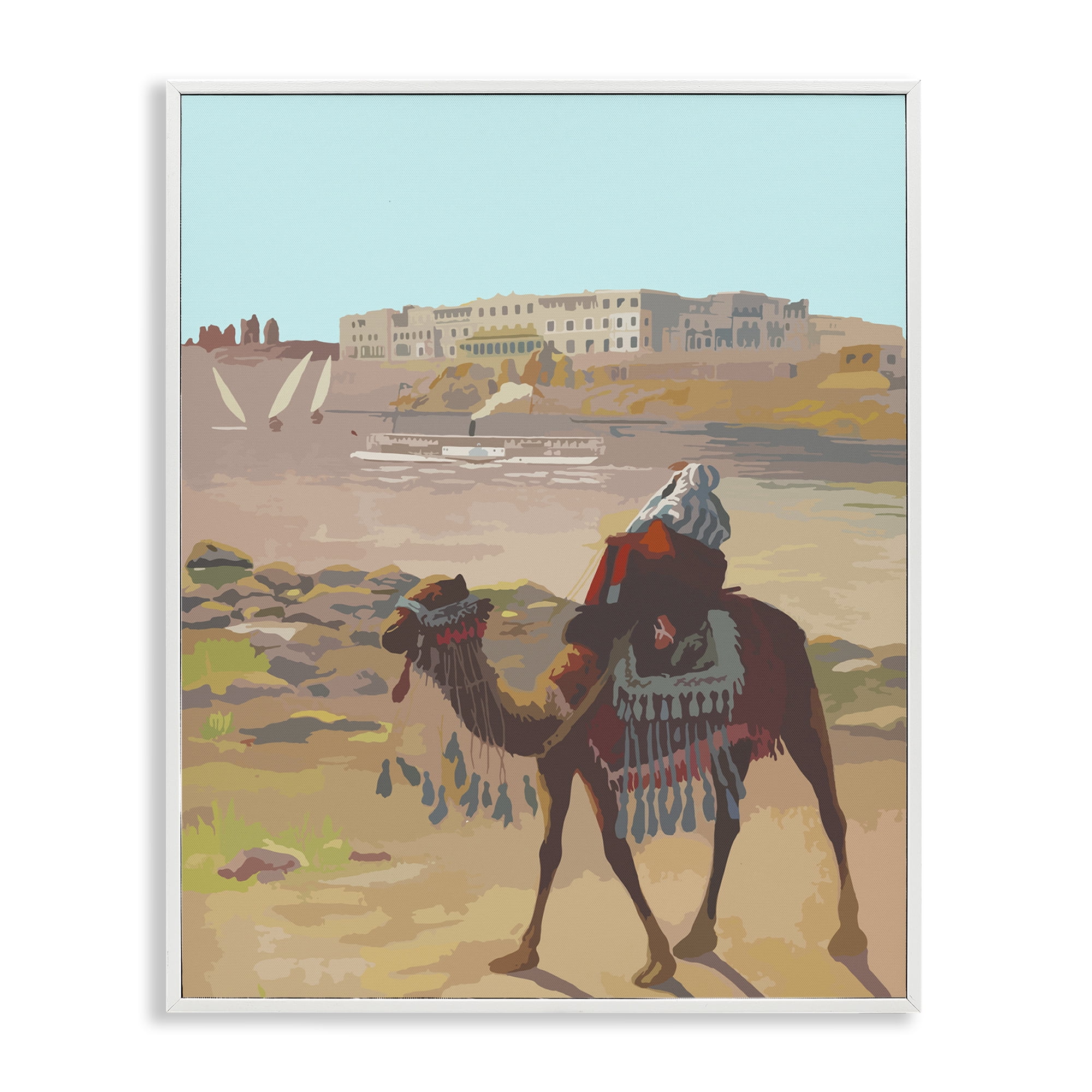 Stupell Industries Camel in Desert Town Landscape Painting White Framed Art Print Wall Art, 11 x 14