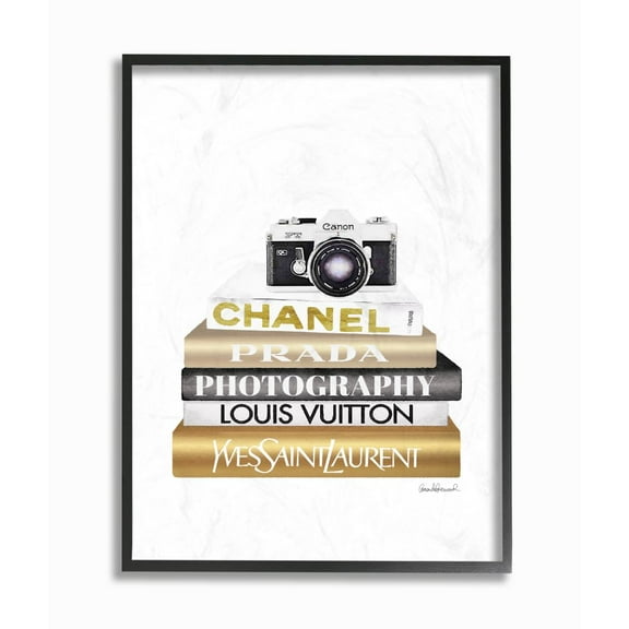 Stupell Industries Camera Gold Black Bookstack Glam Fashion Design Framed Wall Art by Amanda Greenwood