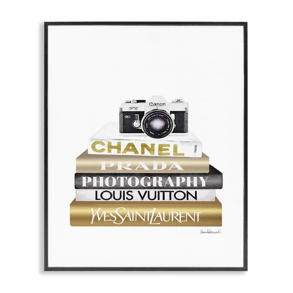 Stupell Industries Art Deco Camera Gold Black Bookstack Black Framed Giclee Art, 11 x 14, by Amanda Greenwood