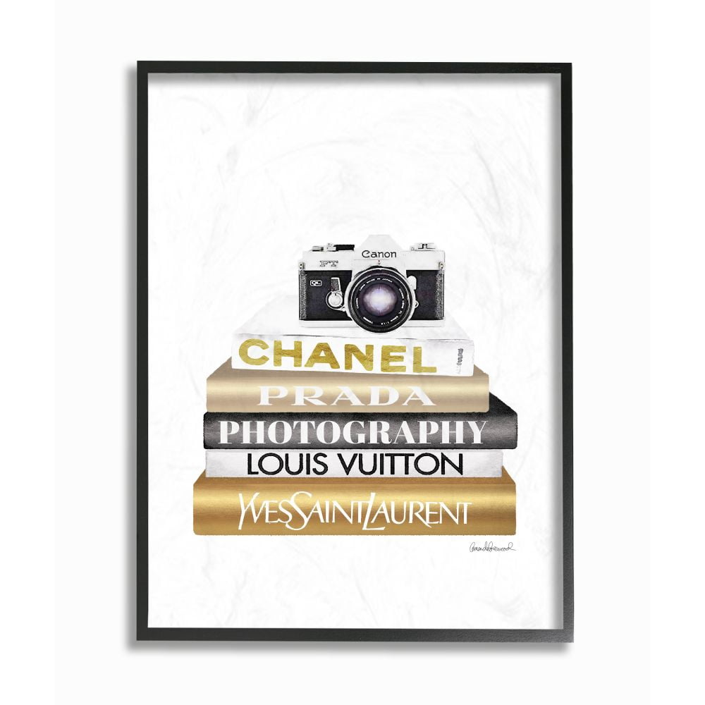 Stupell Industries Camera Gold Black Bookstack Glam Fashion Design Framed Wall Art by Amanda Greenwood