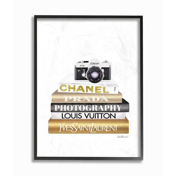 Stupell Industries Camera Gold Black Bookstack Glam Fashion Design Framed Wall Art by Amanda Greenwood