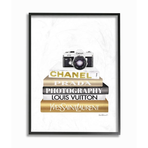 Stupell Industries Camera Gold Black Bookstack Glam Fashion Design Framed Wall Art by Amanda Greenwood