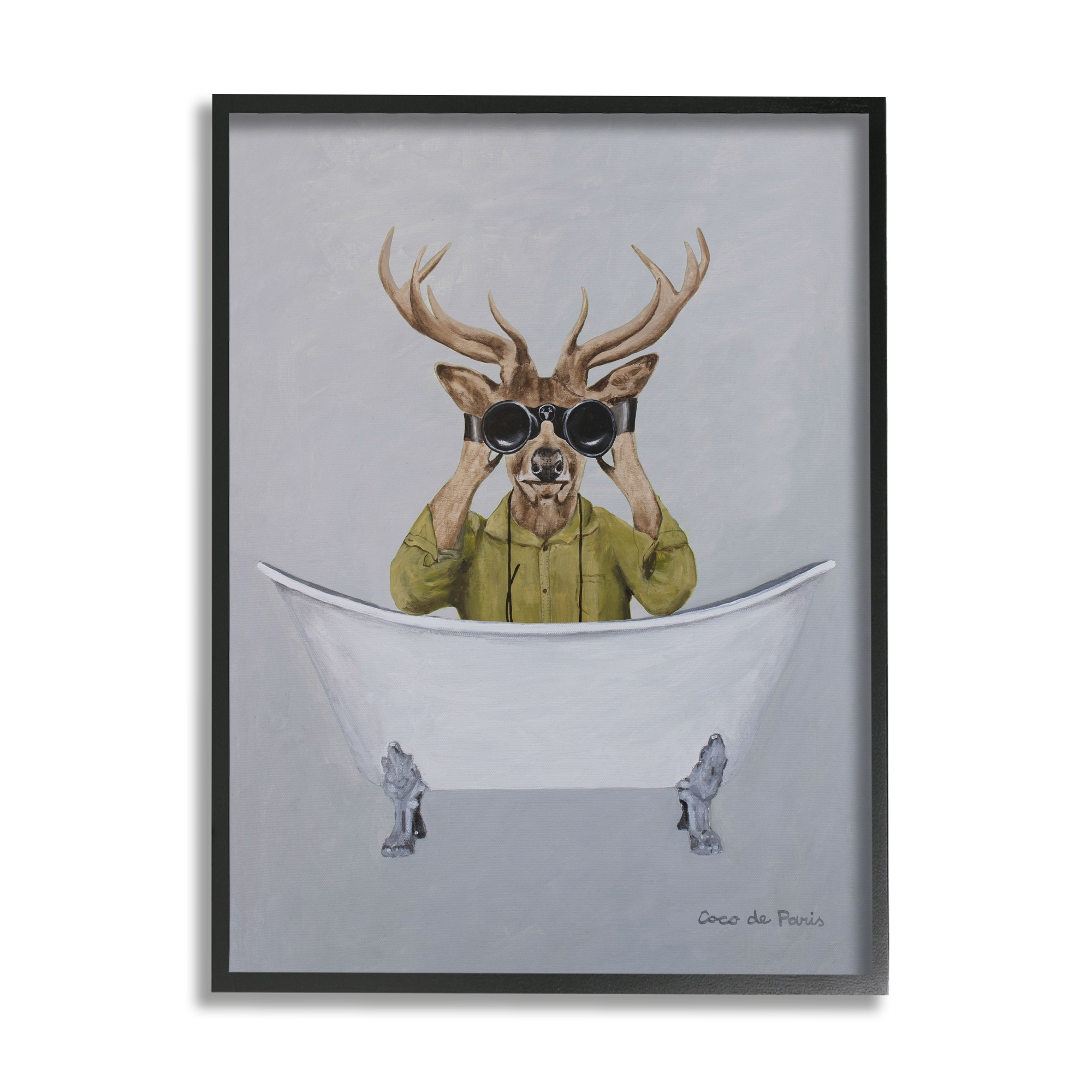 Stupell Industries Camping Deer Binoculars Vintage Bathtub Illustration Paintings Black Framed Art Print Wall Art, 11x14, by Coco de Paris