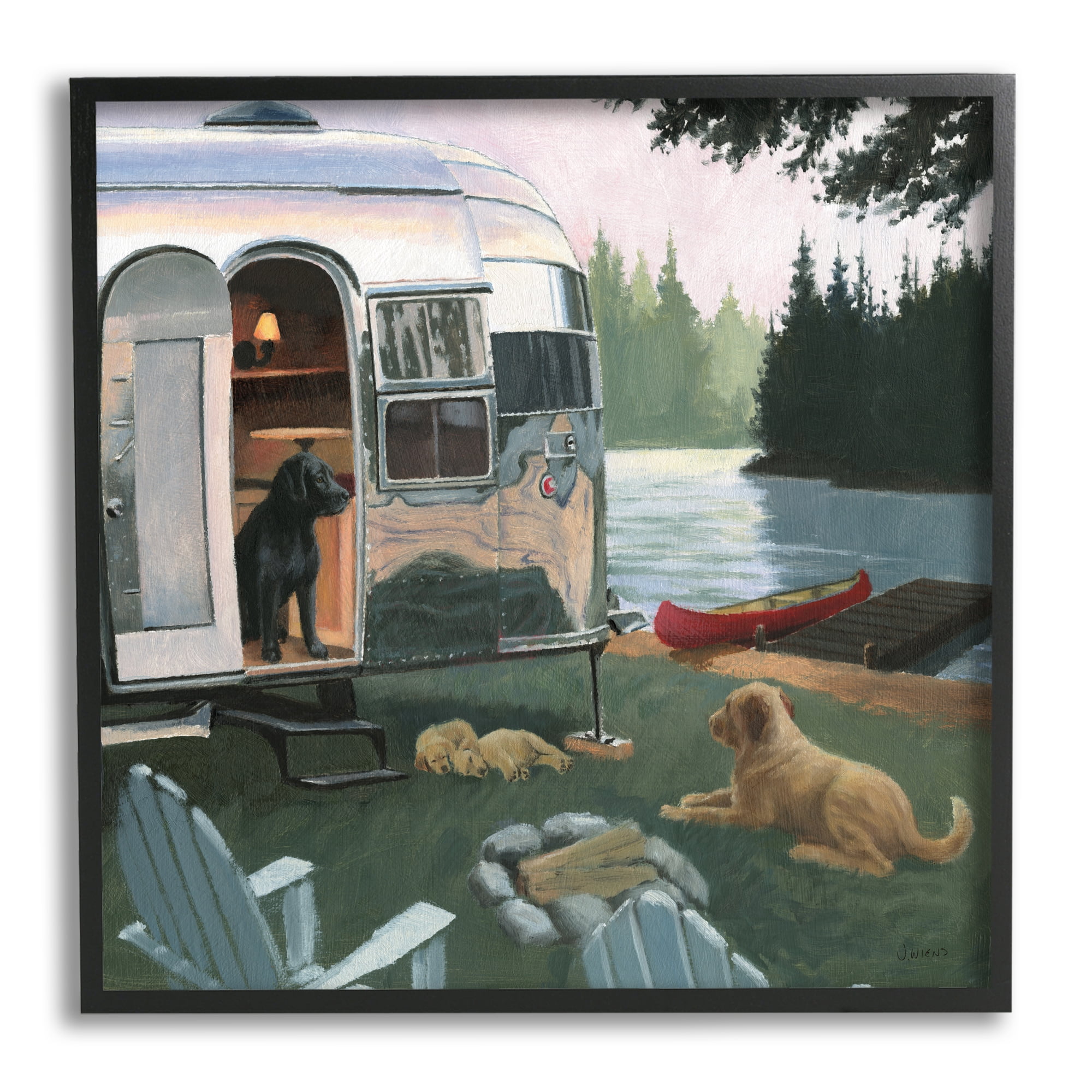 Stupell Industries Camping Dogs at Lake Nature Painting Black Framed Art Print Wall Art, 24 x 24