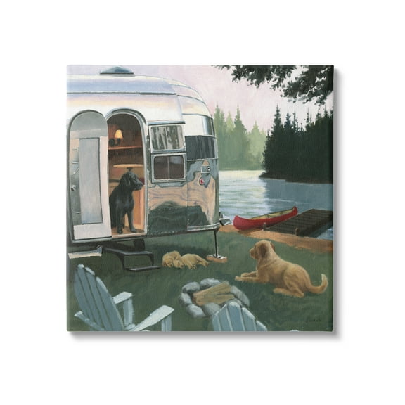 Stupell Industries Camping Dogs at Lake Nature Painting Gallery Wrapped Canvas Print Wall Art, 17 x 17