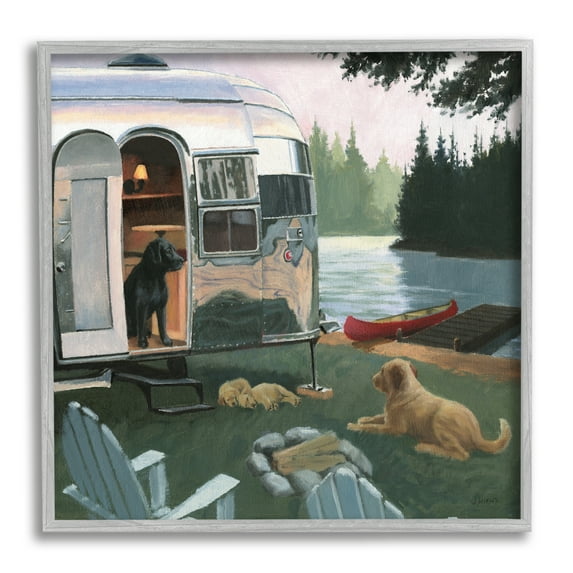 Stupell Industries Camping Dogs at Lake Nature Painting Gray Framed Art Print Wall Art, 24 x 24