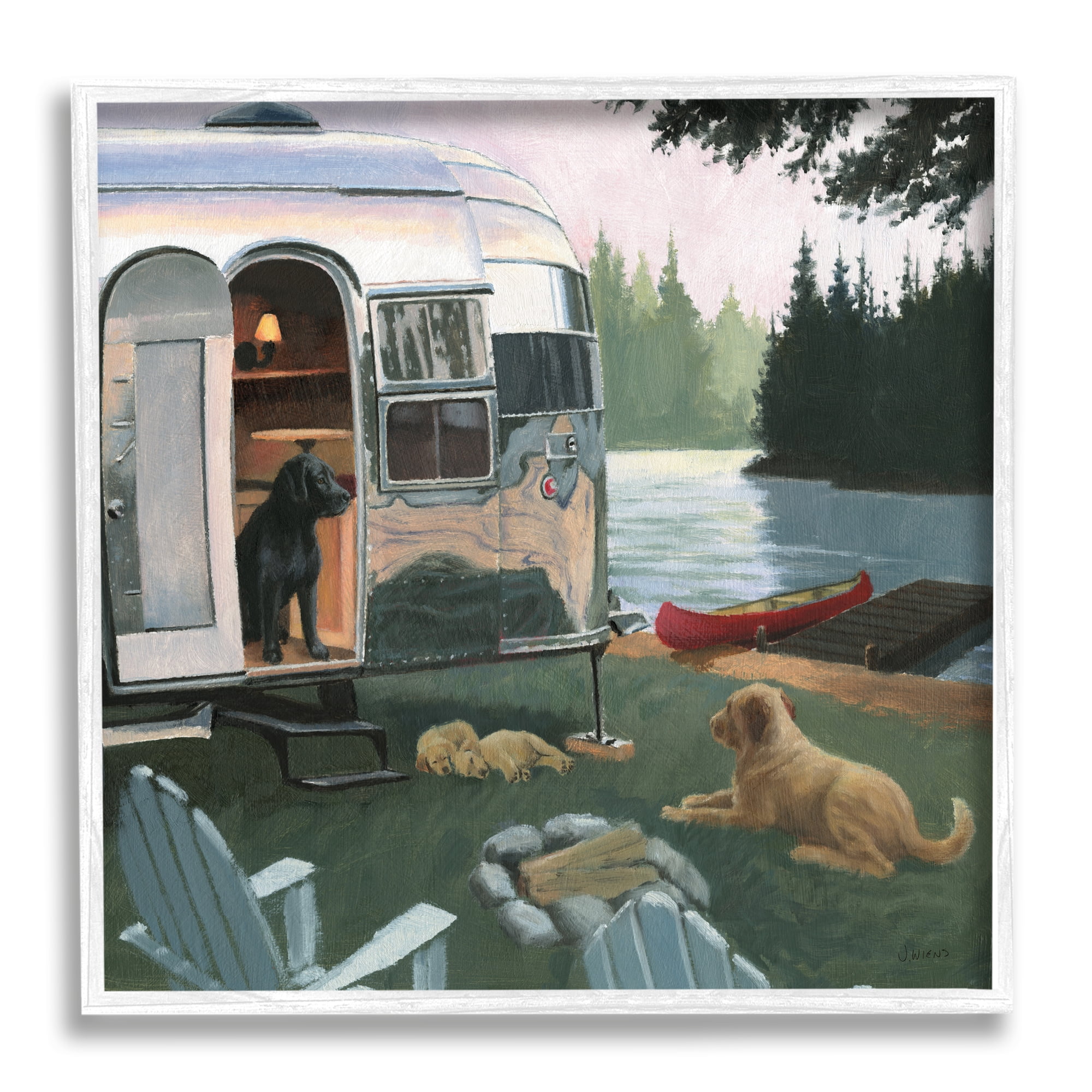 Stupell Industries Camping Dogs at Lake Nature Painting White Framed Art Print Wall Art, 24 x 24