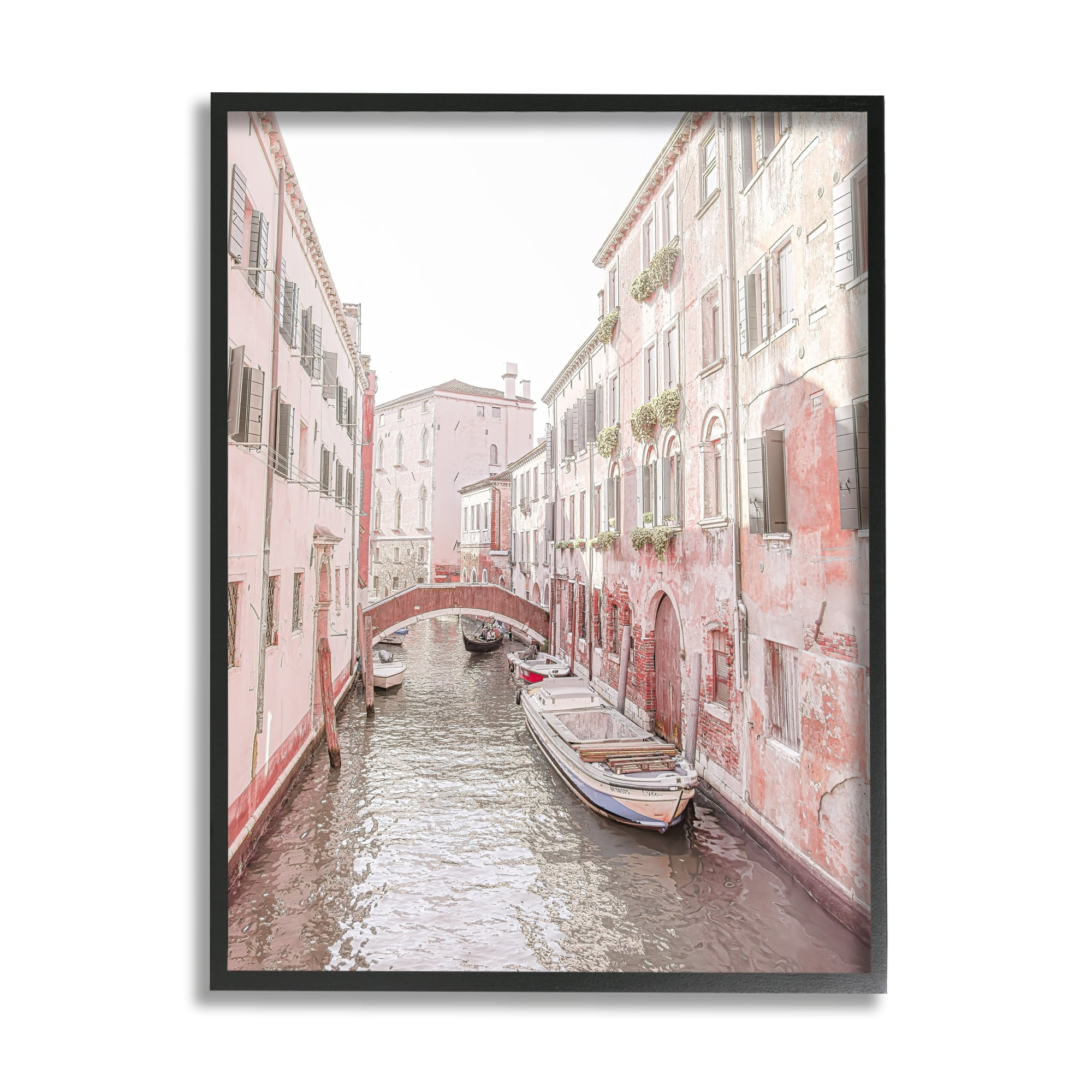Stupell Industries Canal Boat City Water Bridge Town & City Photography Black Framed Art Print Wall Art