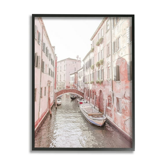 Stupell Industries Canal Boat City Water Bridge Town & City Photography Black Framed Art Print Wall Art