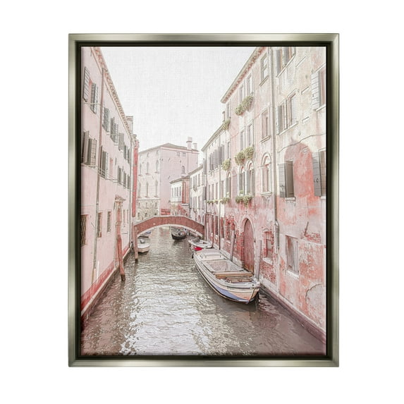 Stupell Industries Canal Boat City Water Bridge Town & City Photography Gray Floater Framed Art Print Wall Art
