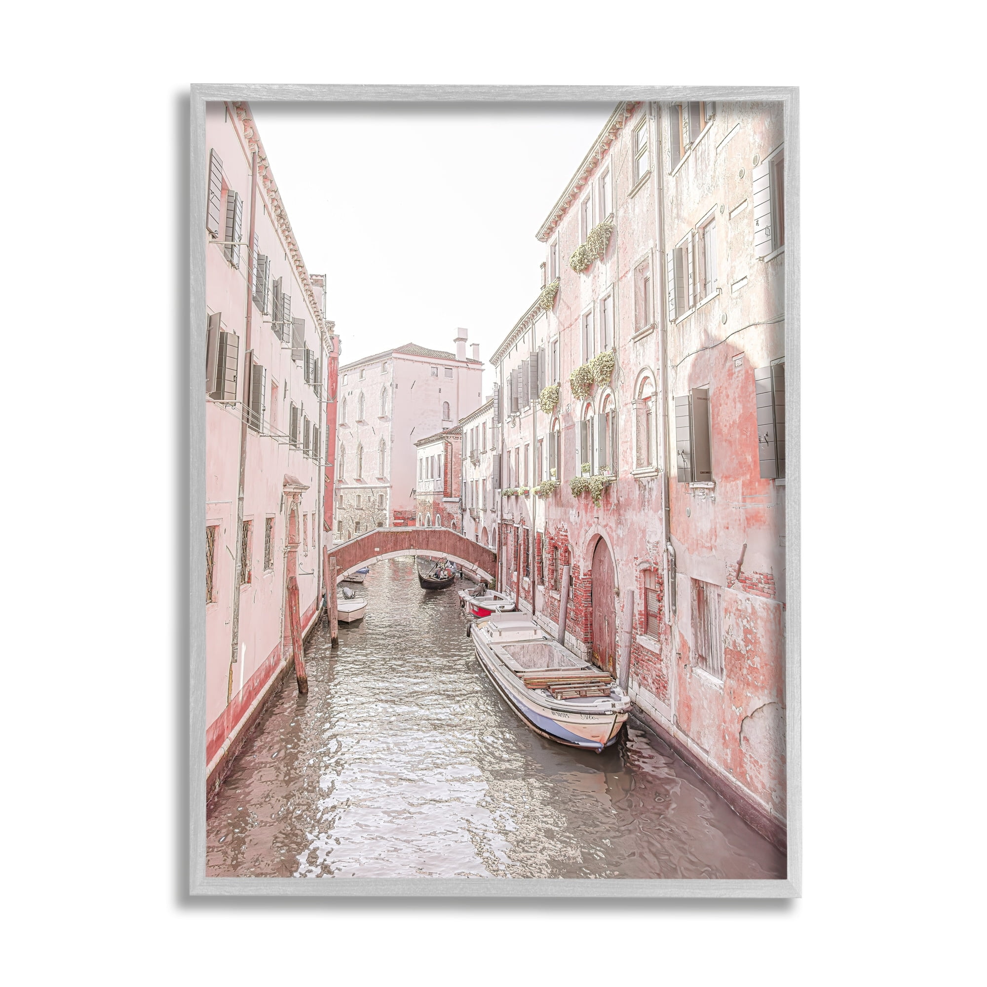 Stupell Industries Canal Boat City Water Bridge Town & City Photography Gray Framed Art Print Wall Art