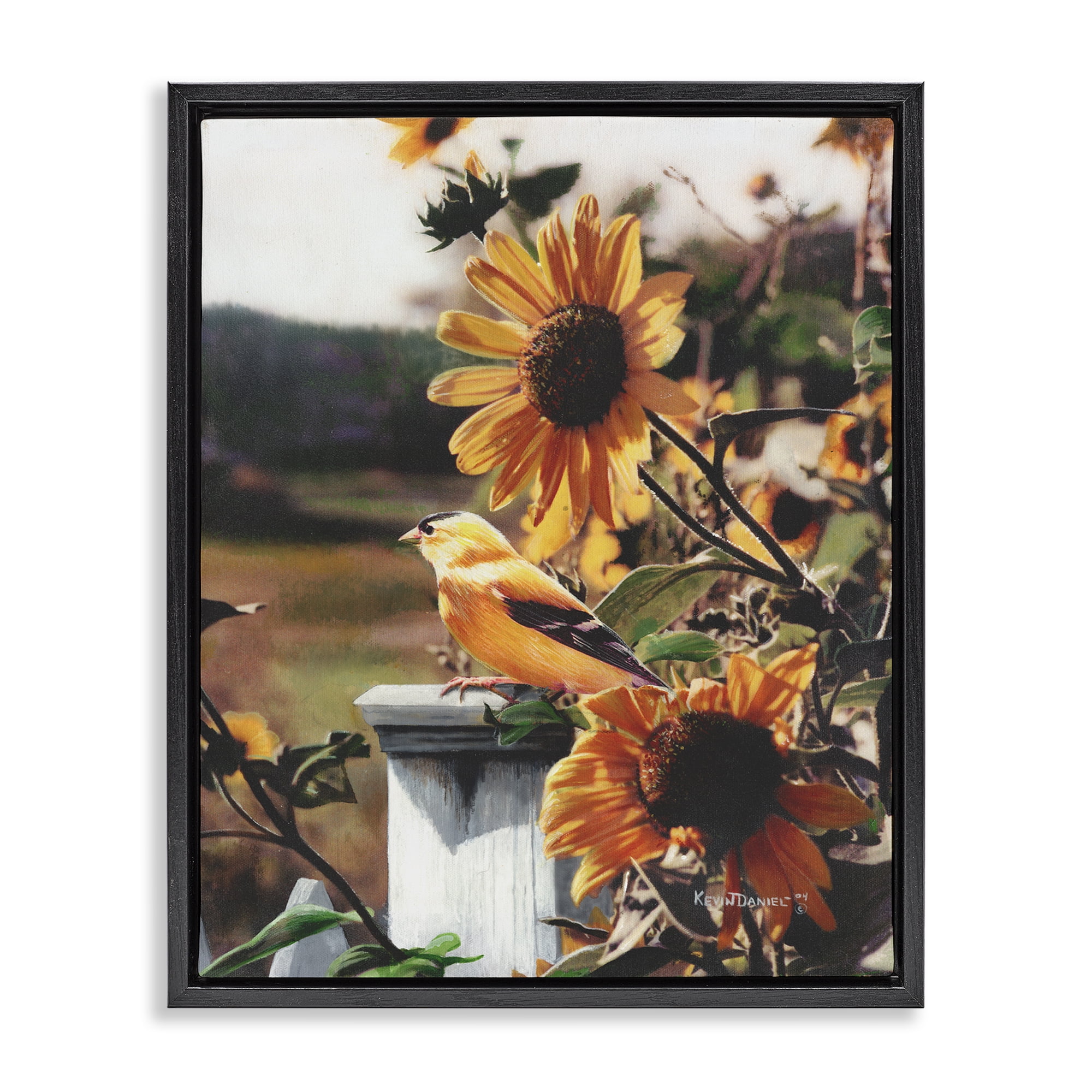 Stupell Industries Canary Bird & Sunflowers Plants & Flowers Photography Black Floater Framed Canvas Art Print Wall Art, 25 x 31