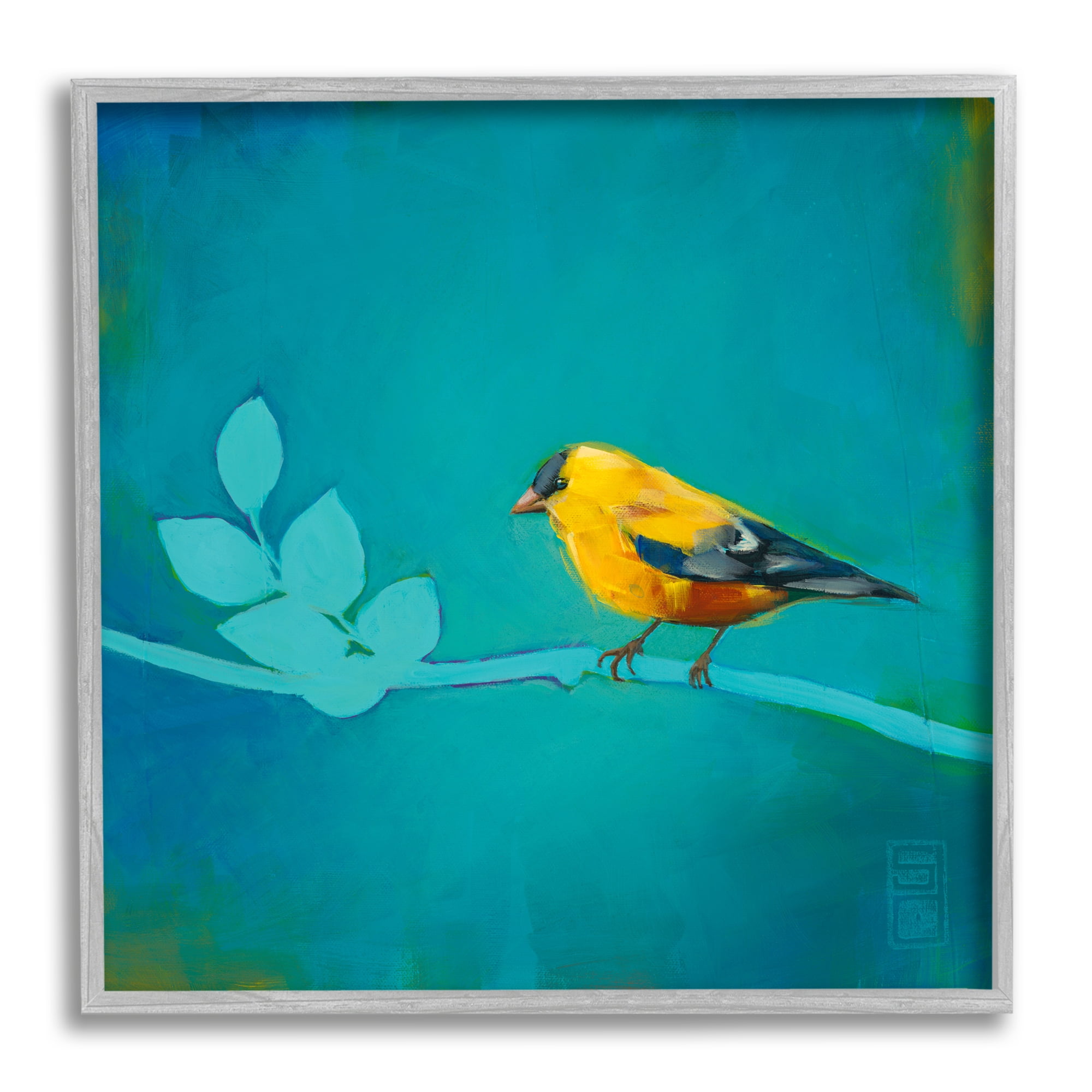 Stupell Industries Canary with Abstract Branch Animals & Insects Painting Gray Framed Art Print Wall Art, 12 x 12