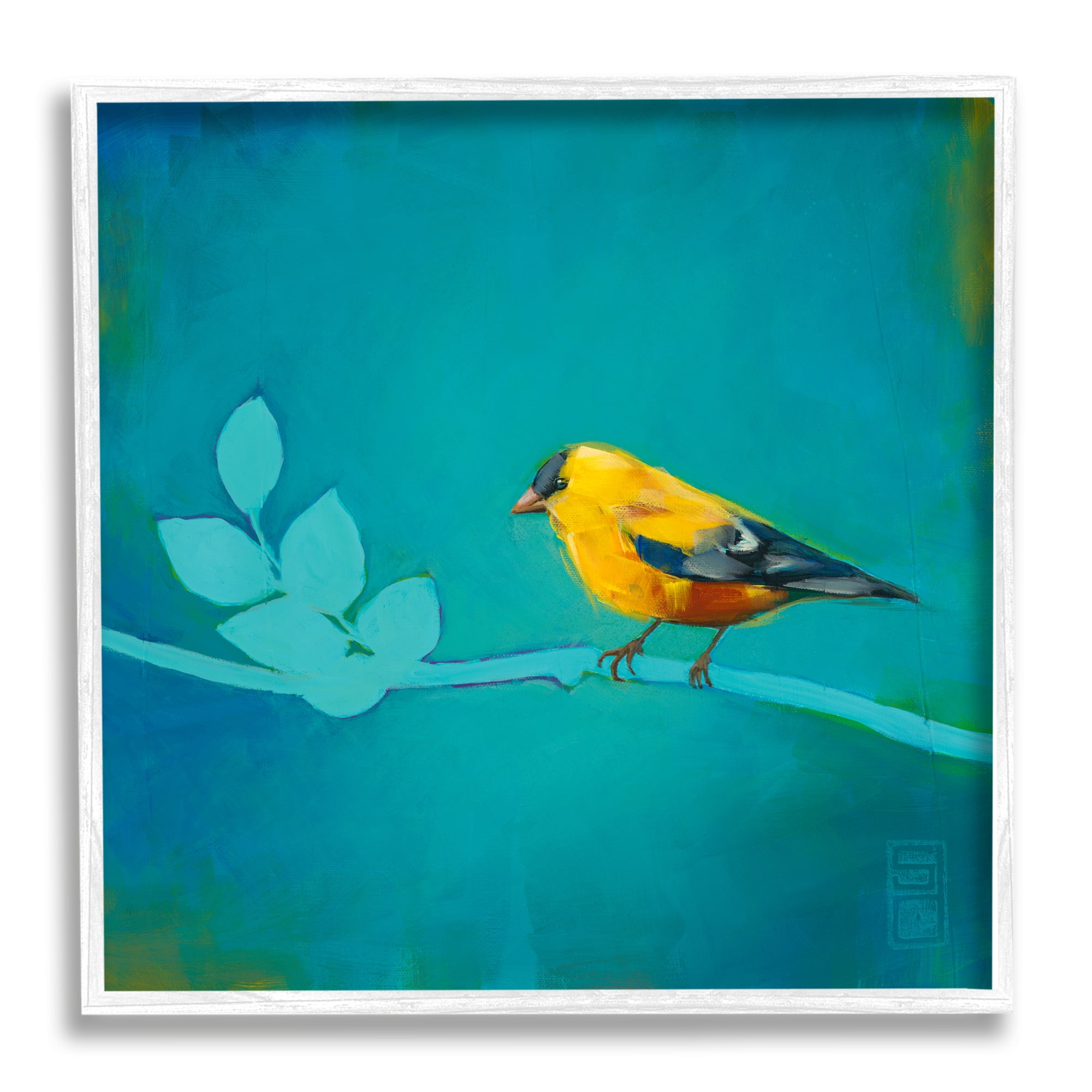 Stupell Industries Canary with Abstract Branch Animals & Insects Painting White Framed Art Print Wall Art, 24 x 24