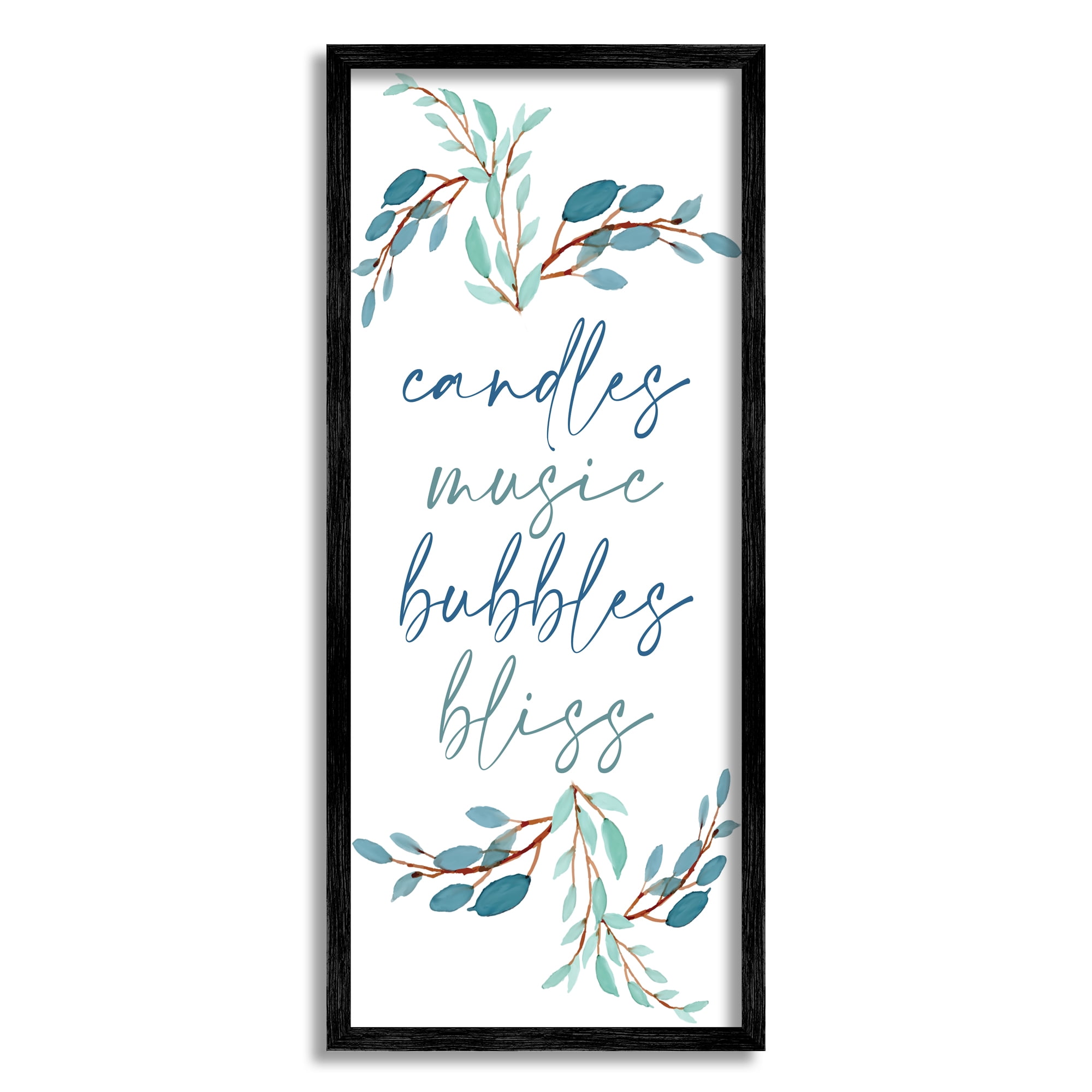 Stupell Industries Candles Music Bubbles Bliss Bathroom Relaxation Blue Plants Graphic Art Black Framed Art Print Wall Art, 10x24, by Kim Allen