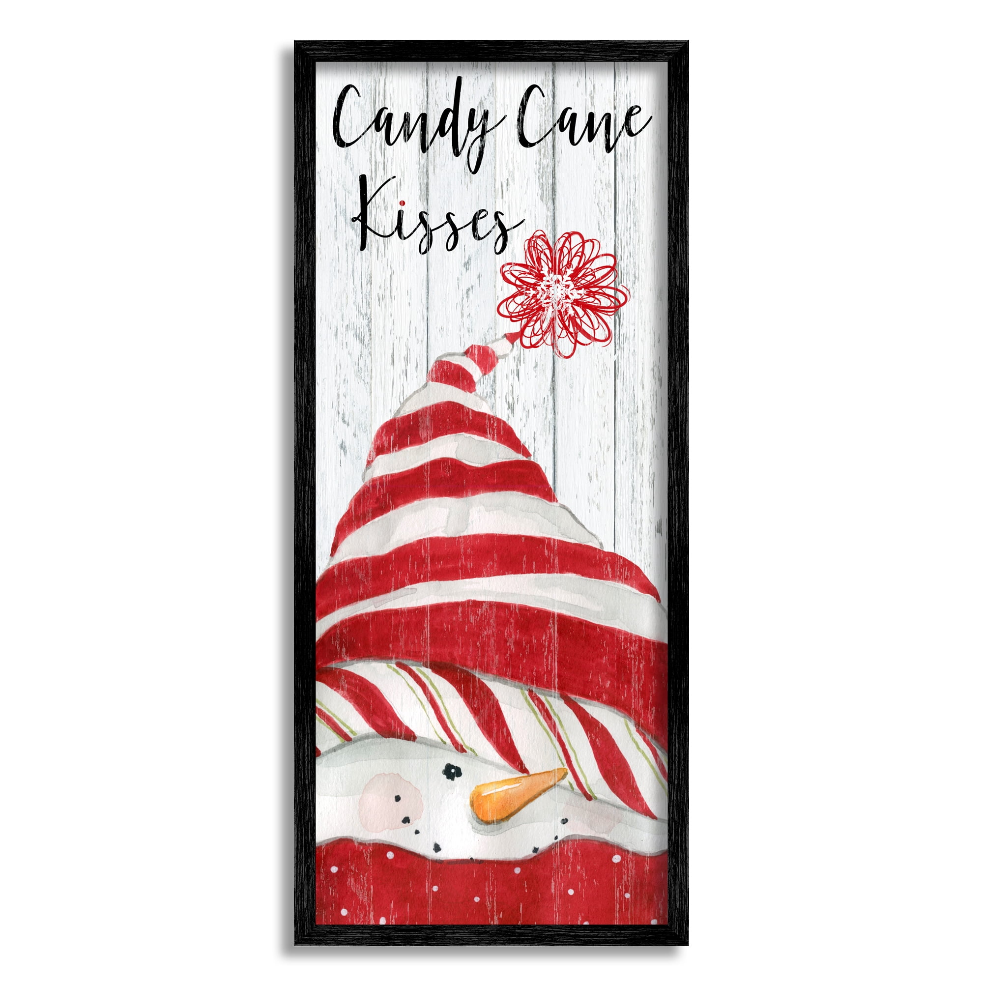 Stupell Industries Candy Cane Kisses Phrase Holiday Painting Black Framed Art Print Wall Art, 10 x 24